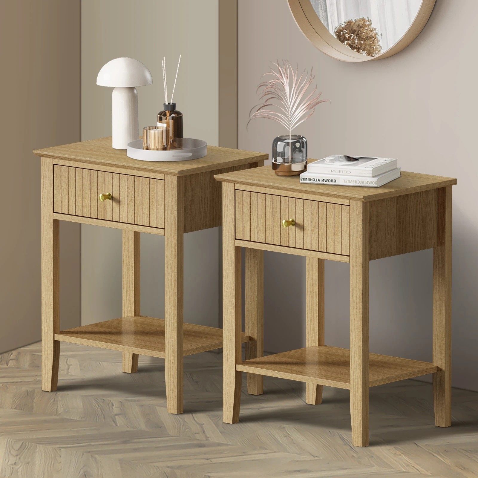 3 Oikiture 2x Bedside Table 1 Drawer Side End Table Open Shelf Nightstand - Natural, 3 of 9