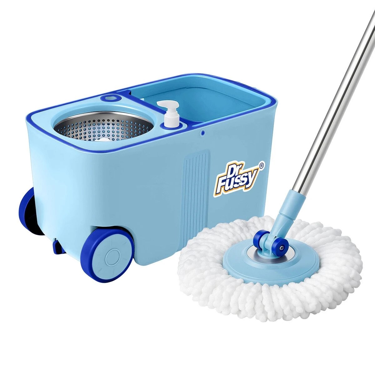 1 Dr FUSSY Spin Mop Bucket Tile Wood Floor Cleaner 4 Microfibre Heads Magic Wet Dry Twist Spinning Easy Cleaning System, 1 of 2