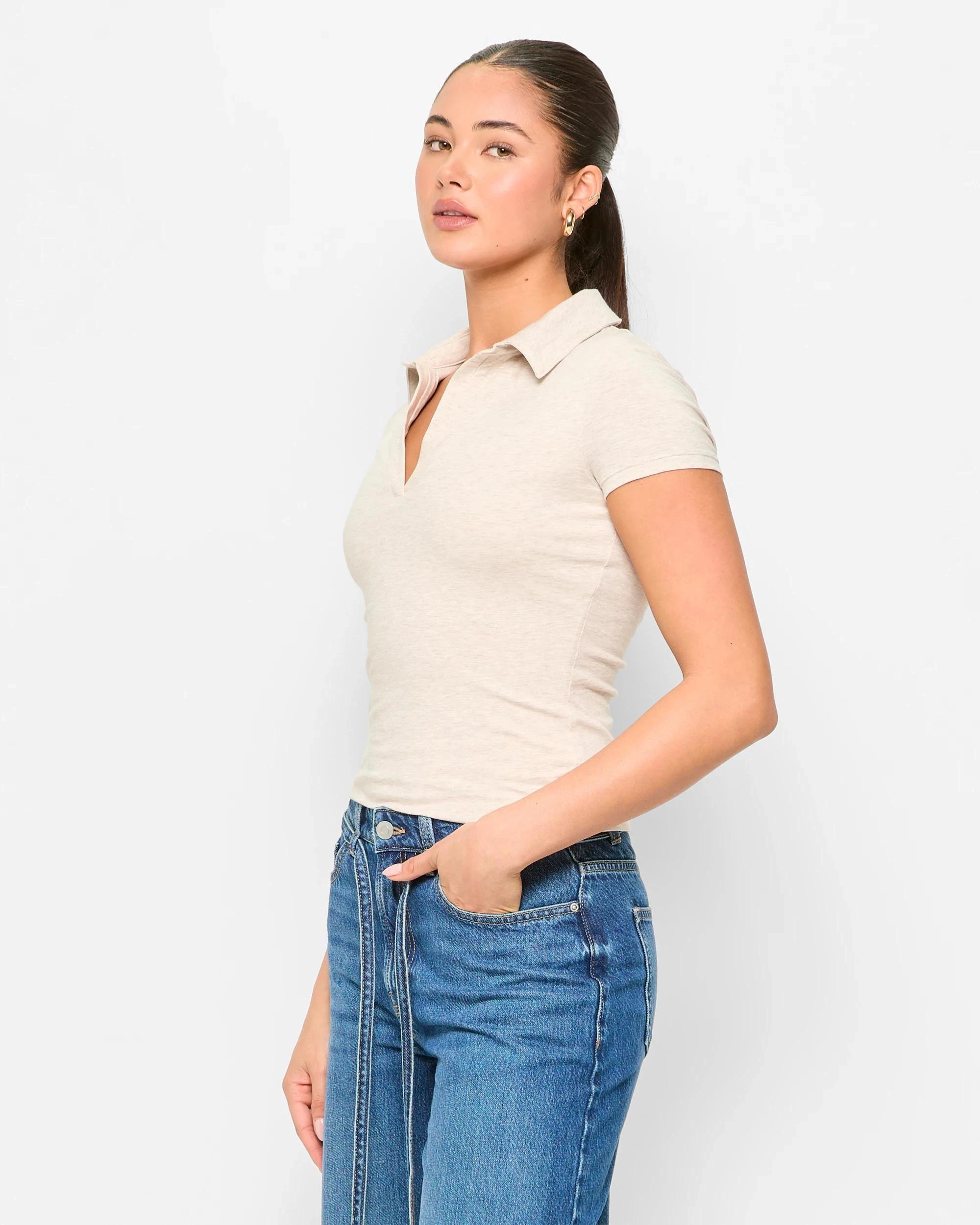 3 Australian Cotton Double Layer Polo Top - Lily Loves SOFT OATMEAL, 3 of 5
