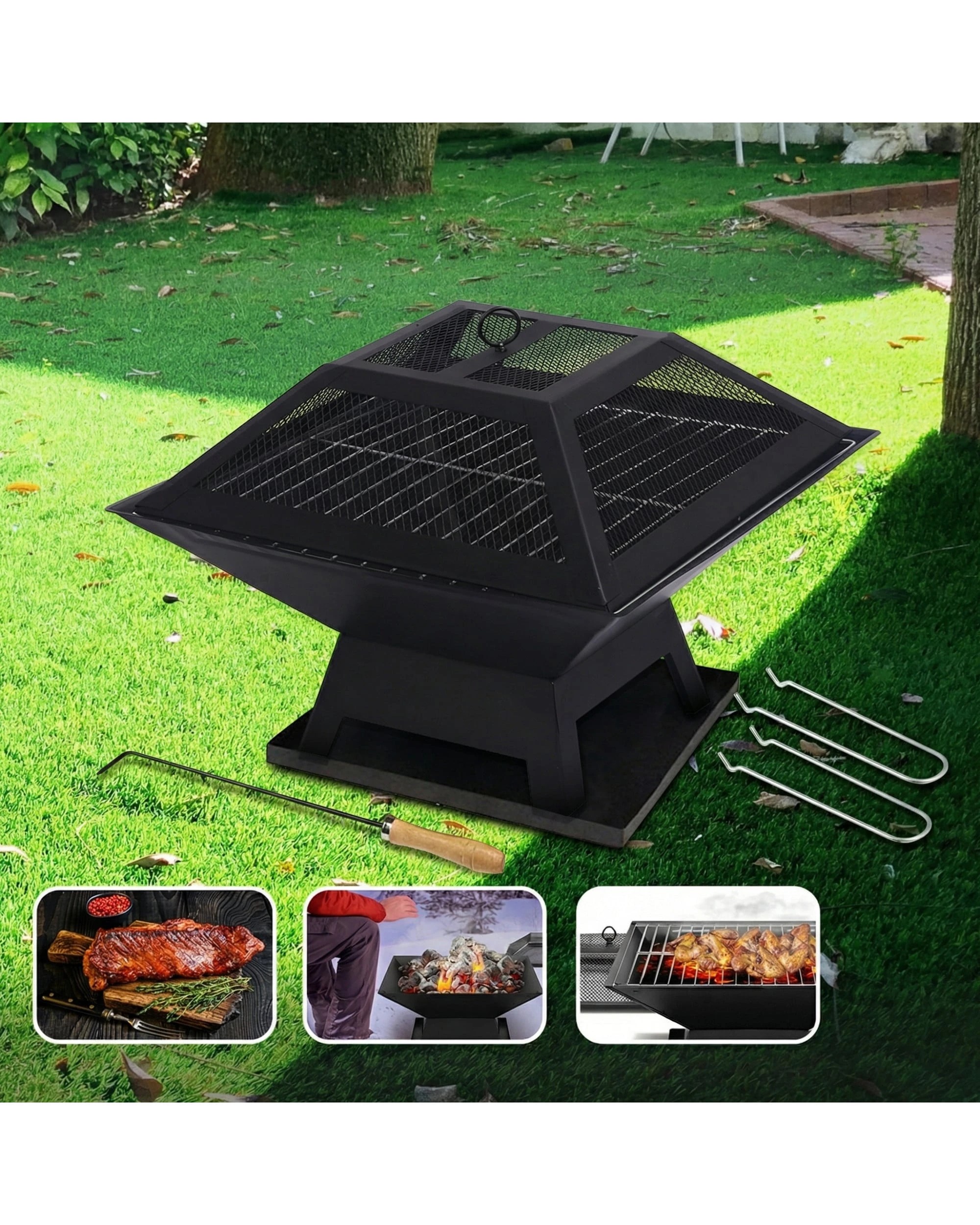 3 Wallaroo Portable BBQ Fire Pit with Mesh Cover Grill Ash Tray Steel Frame Wood Charcoal Outdoor Brazier - Black, 3 of 9
