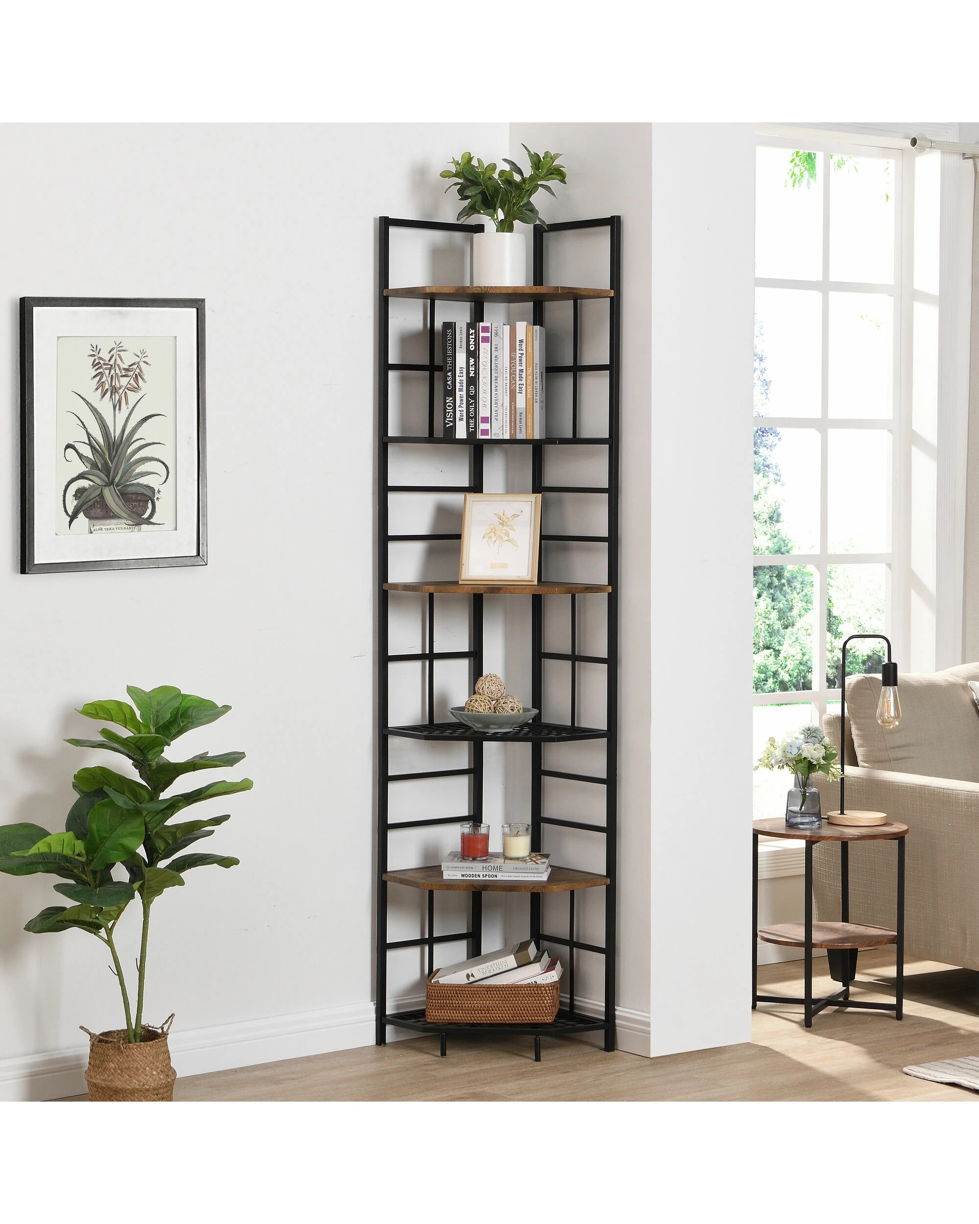 2 IHOMDEC 6-Tier Pentagon Corner Bookshelf - Brown, 2 of 10