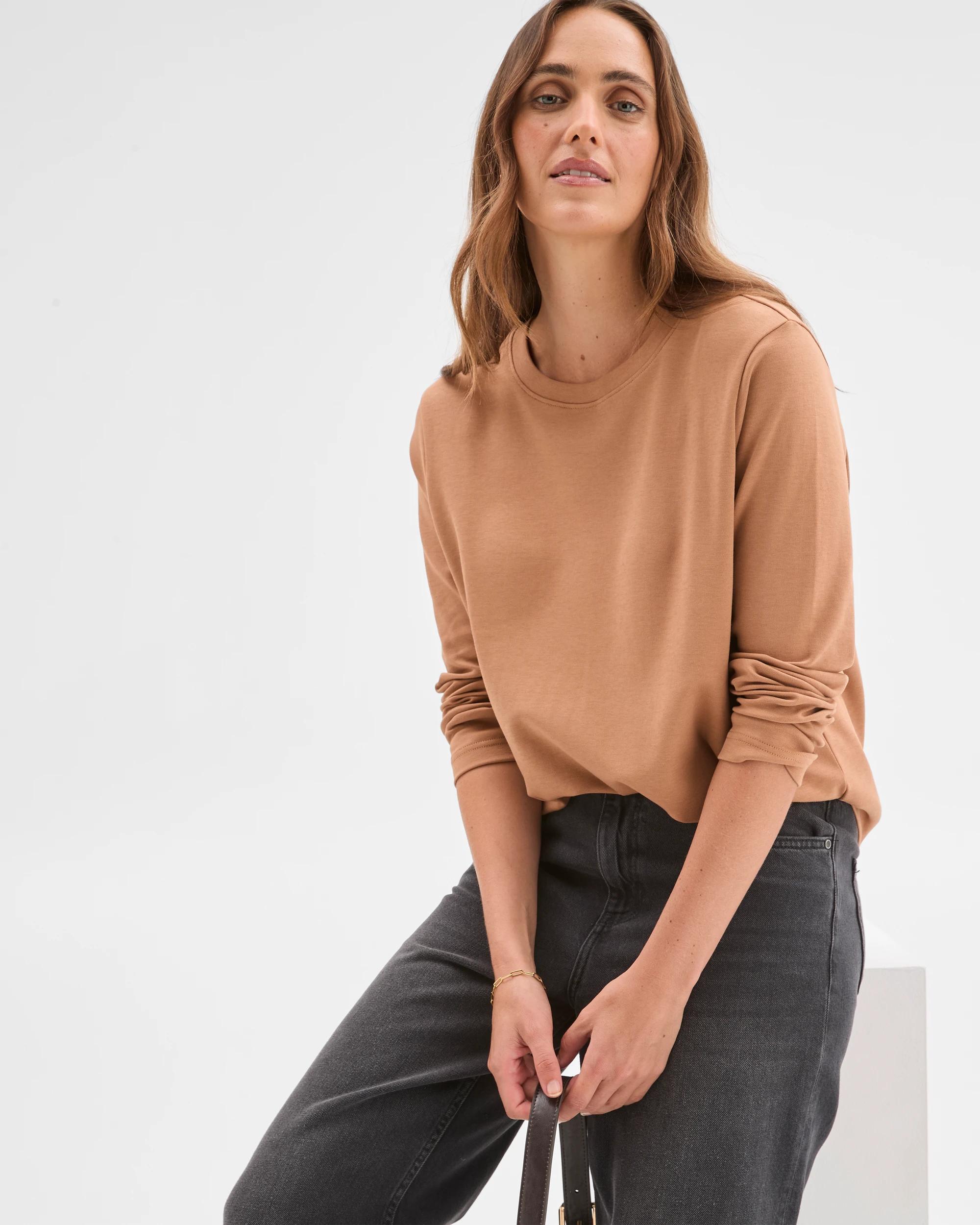 1 Target Woman Australian Cotton Classic Long Sleeve Crew Neck T-Shirt BROWN SUGAR, 1 of 7