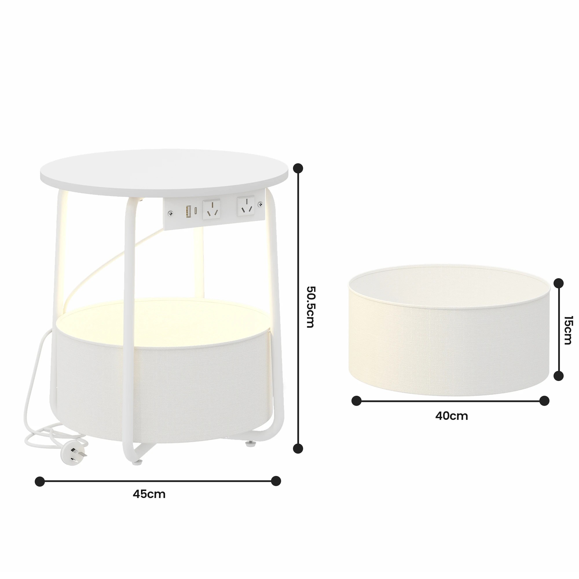 2 Advwin Small Round Side Table with Charging Station Nightstand with Fabric Basket - White, 2 of 8