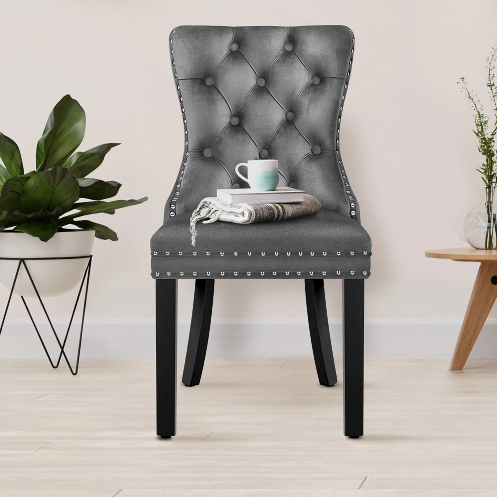 5 Alfordson 4x Dining Chair Kitchen Lounge Retro Button Tufted Wooden Velvet - Grey, 5 of 10