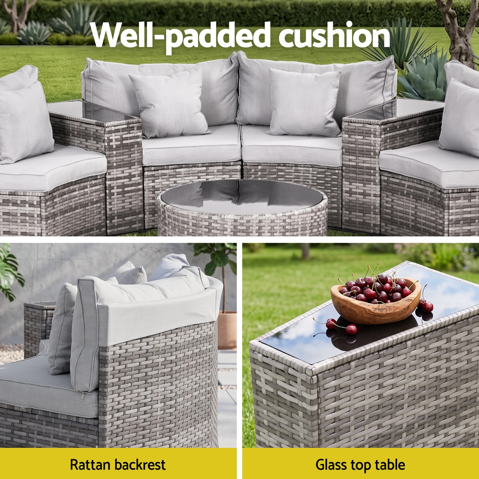 7 Gardeon 8 Seater Outdoor Sofa Set 11PCS Round Table Chair Set Garden Rattan Patio Furniture - Grey, 7 of 7