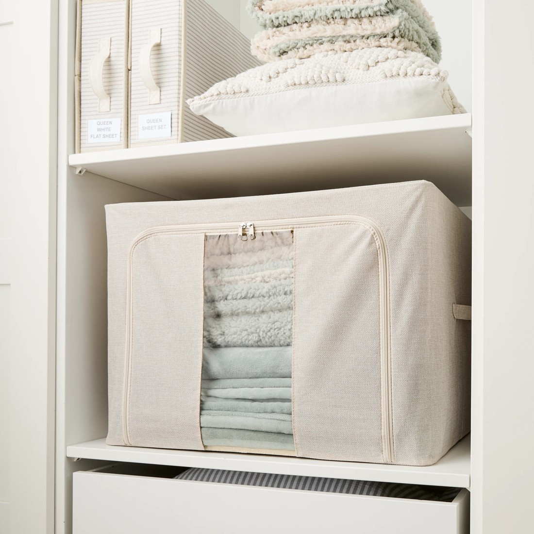 1 Linen Look Collapsible Box with Window - Extra Large, Beige, 1 of 10