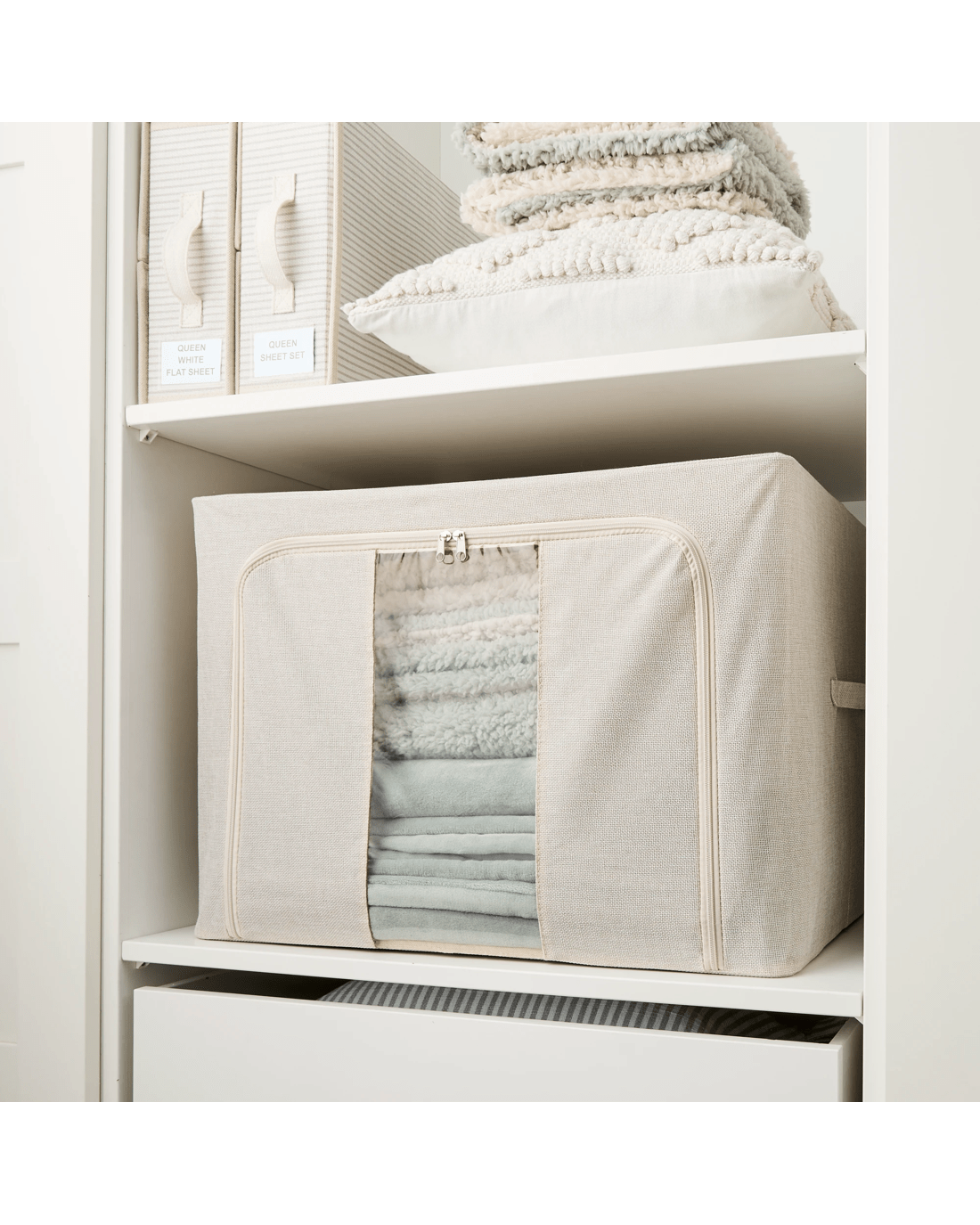 1 Linen Look Collapsible Box with Window - Extra Large, Beige, 1 of 10