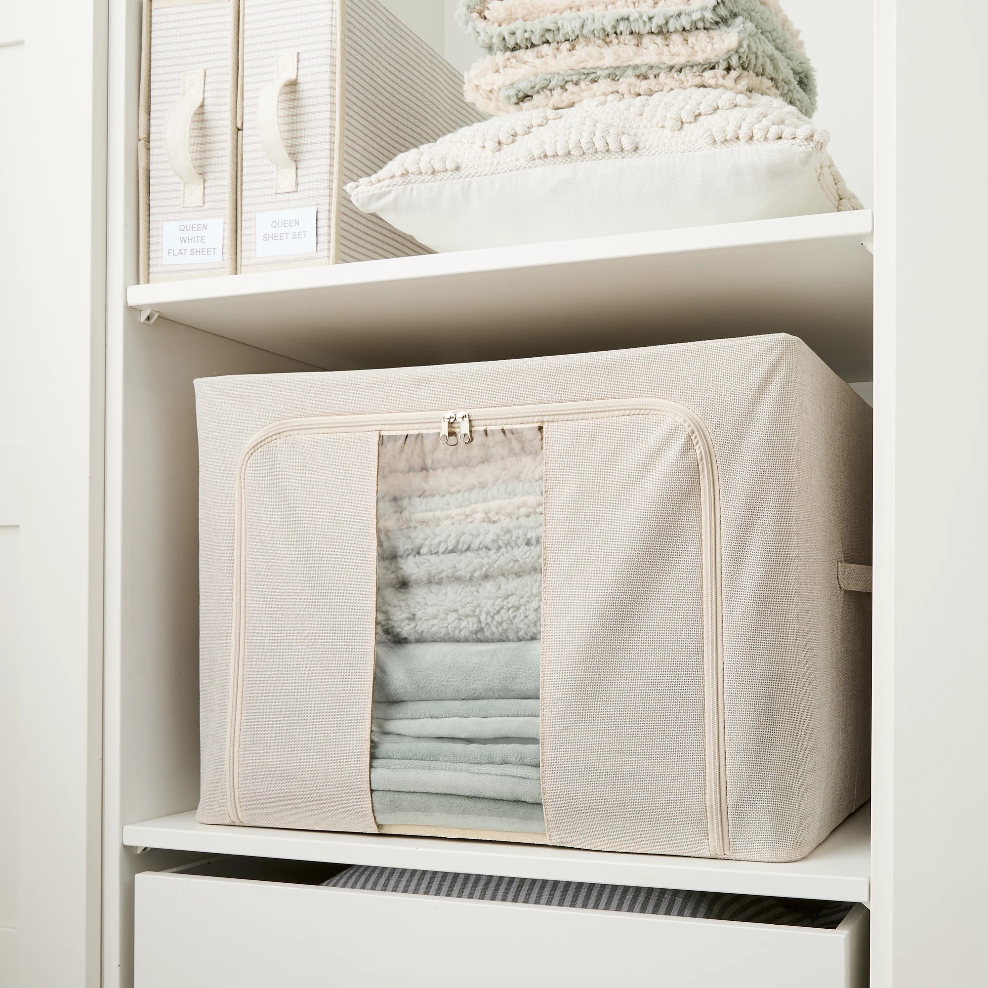 1 Linen Look Collapsible Box with Window - Extra Large, Beige, 1 of 10