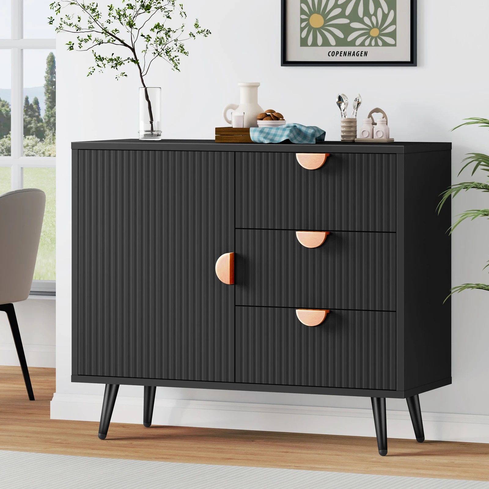 2 Alfordson Buffet Sideboard Cabinet Storage Cupboard Kitchen Doors Drawers - Black, 2 of 10