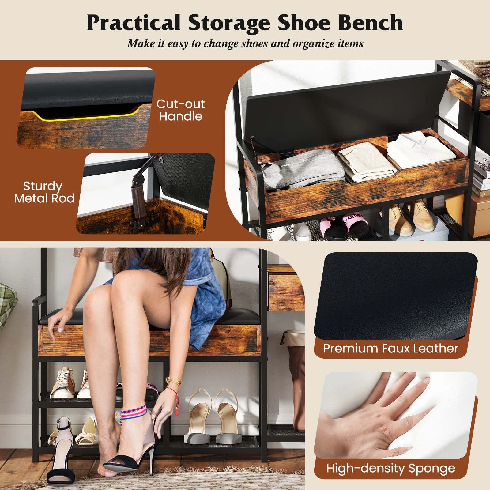 4 Costway Clothes Rack Coat Stand Garment Rack w/Shoe Storage Bench Hall Tree 180cm, 4 of 10