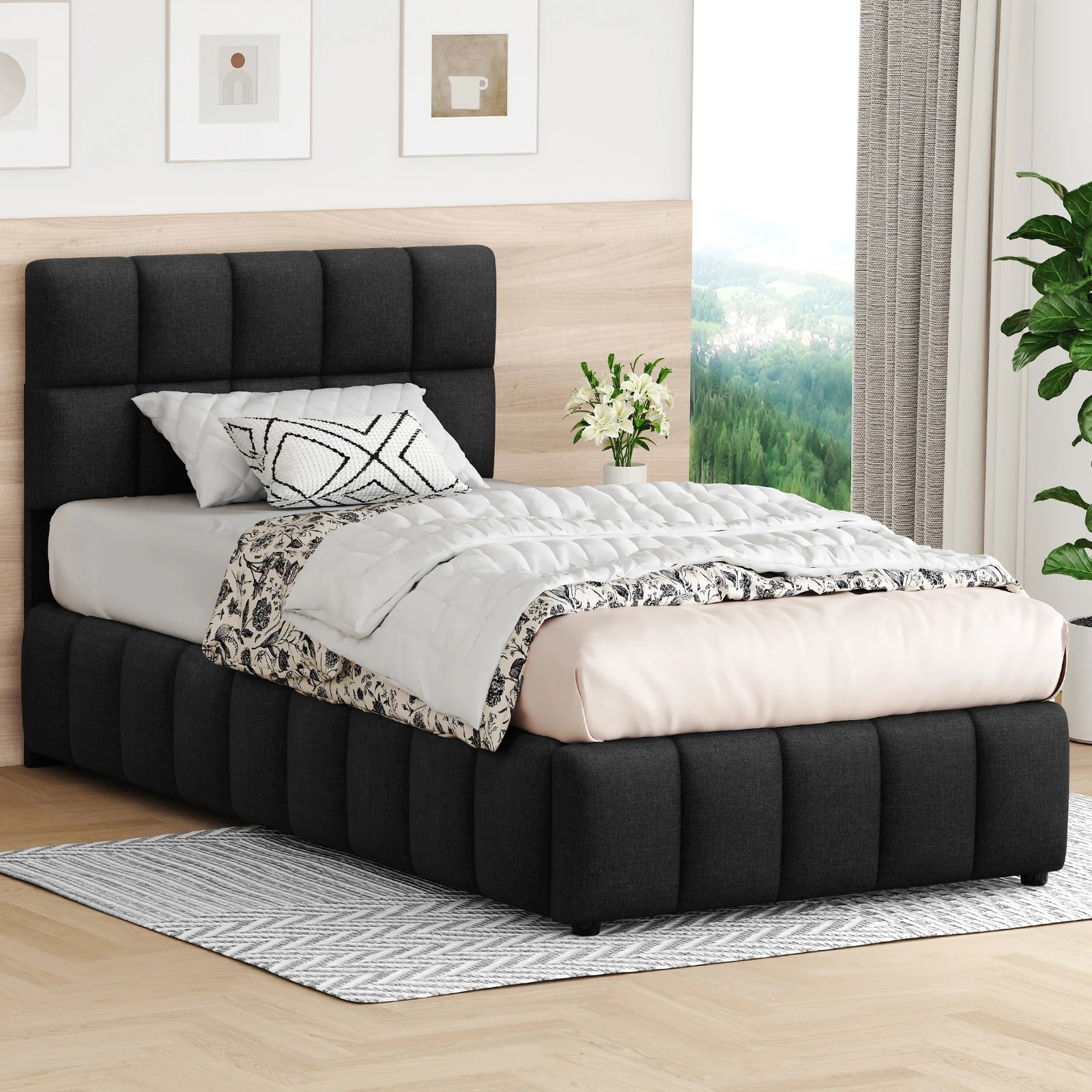 2 Alfordson Bed Frame King Single Grid Tufted Gas Lift Storage Gromit - Charcoal, 2 of 10