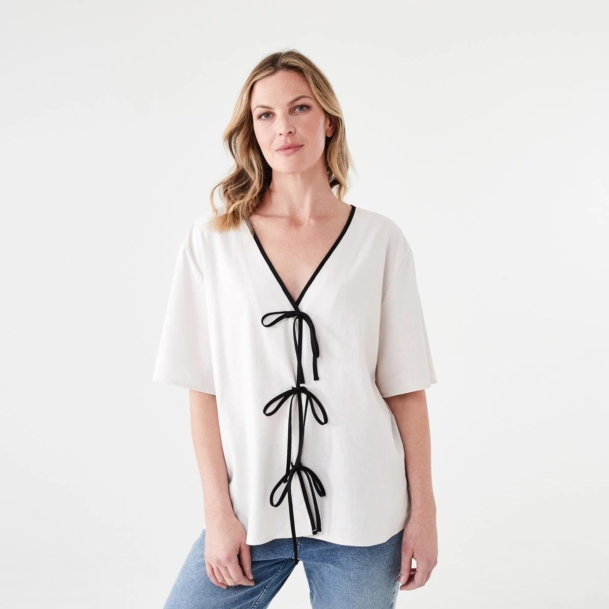 1 Short Sleeve Tie Front Top NATURAL BEIGE, 1 of 6