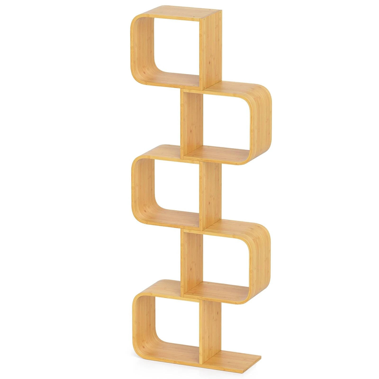1 Costway S-Shaped Bookcase Bamboo Bookshelf w/5 Cubes Geometric Corner Storage Display Shelf Stand - Natural, 1 of 5