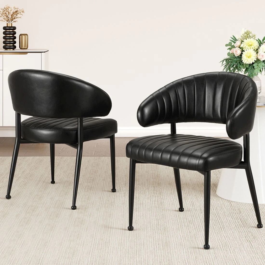 3 Artiss Dining Chairs Set of 2 Leather Hollow Armchair - Black, 3 of 4