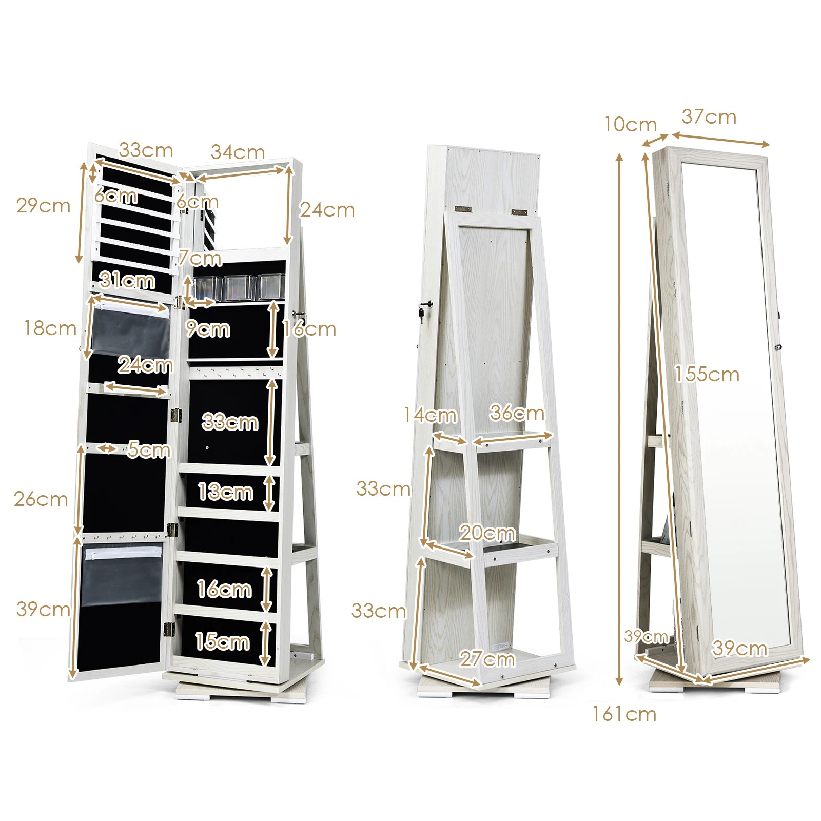 4 Costway Rotating Lockable Jewellery Cabinet Armoire w/Full-Length Mirror Jewelry Organizer - White, 4 of 5