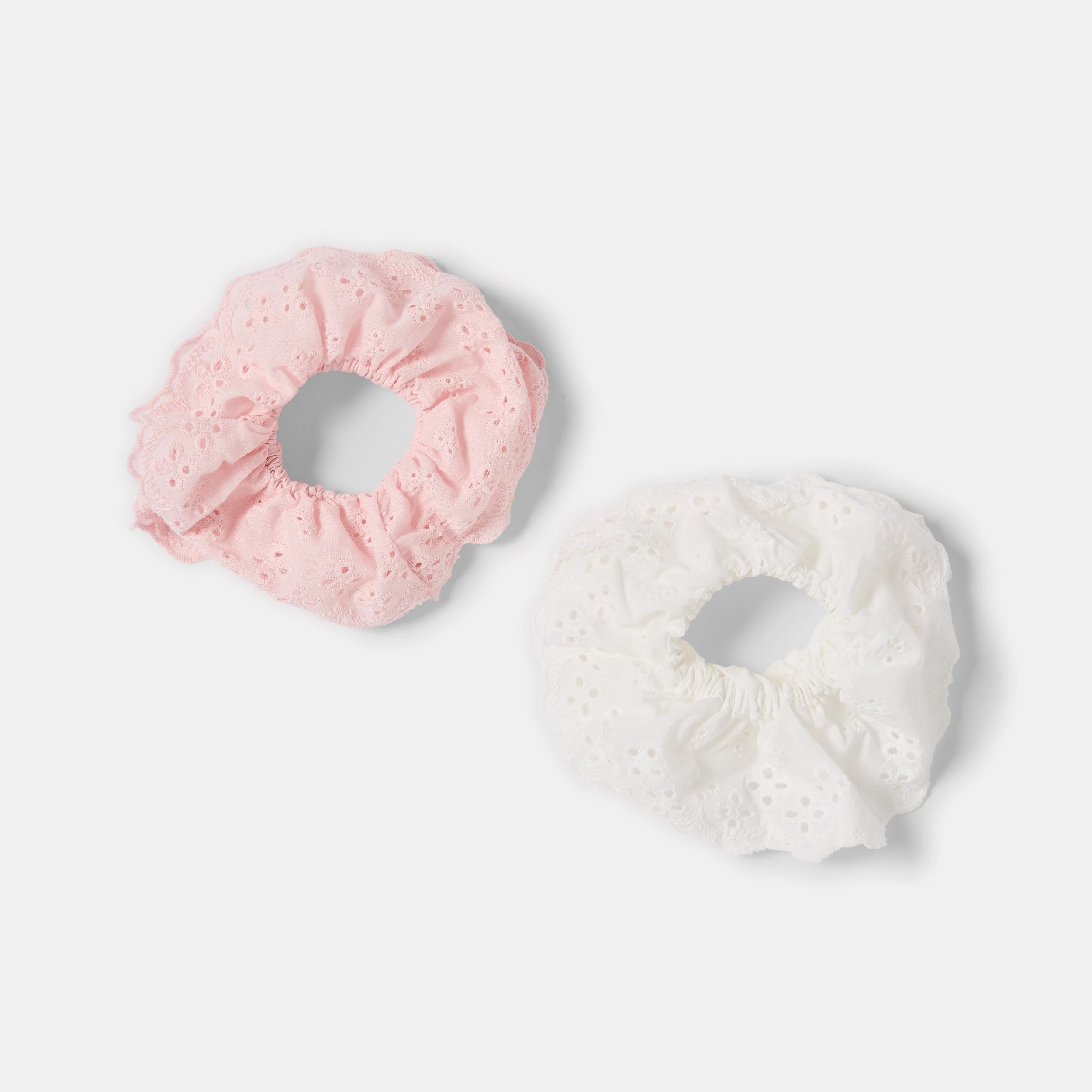 2 2 Pack Broderie Hair Scrunchies - White and Pink, 2 of 3