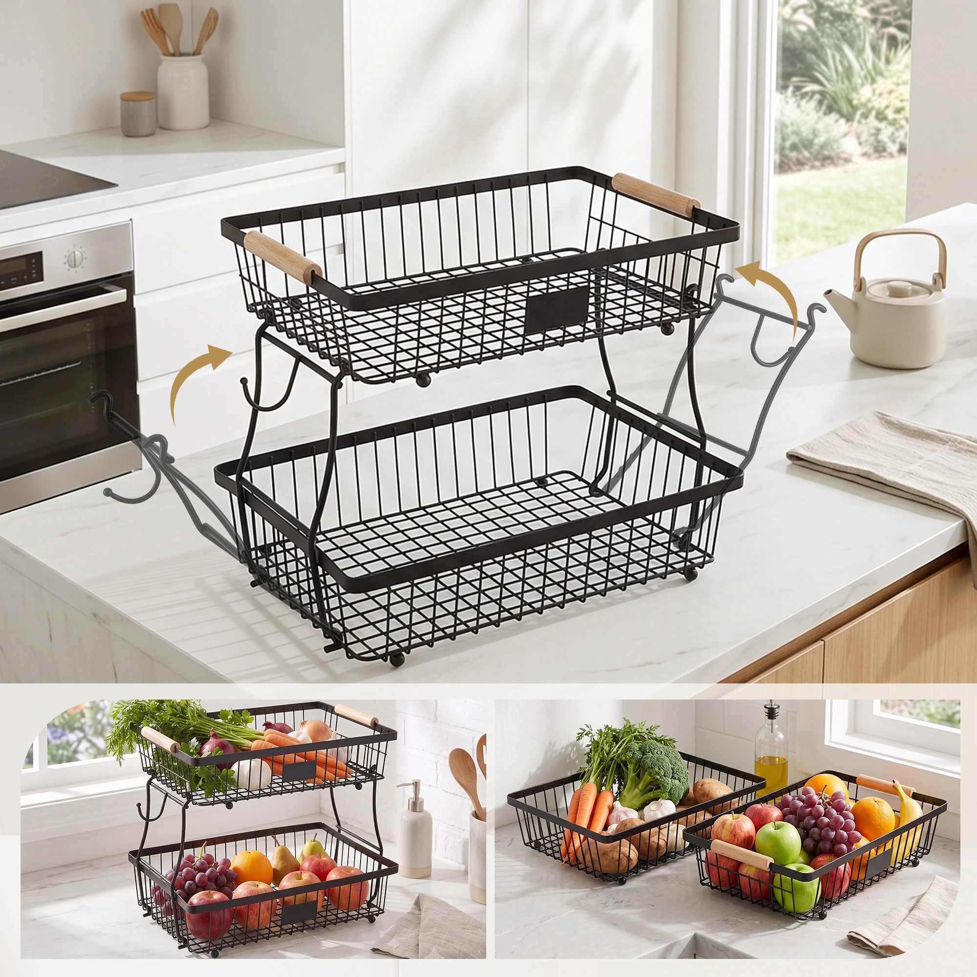 2 5-Star Chef 2 Tier Fruit Basket Bowl Detachable Kitchen Food Storage Stand Organiser - Black, 2 of 6