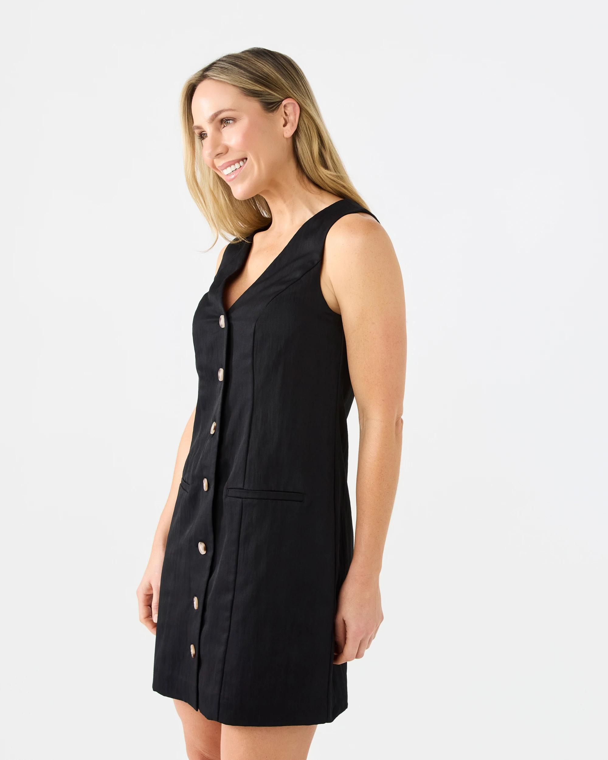 2 Sleeveless Tailored Button Front Mini Dress Black, 2 of 8