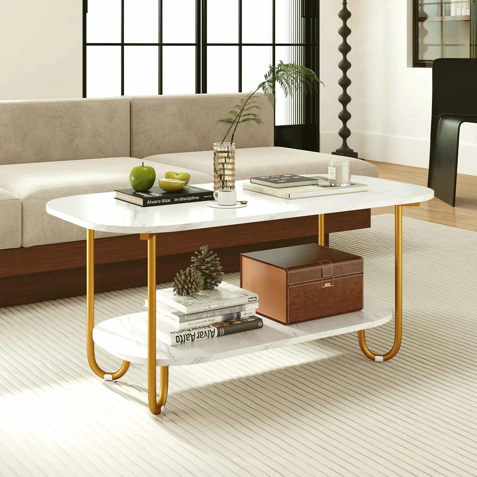 2 Costway 2-Tier Faux Marble Coffee Table Metal Side Table w/Storage Shelf, 2 of 5