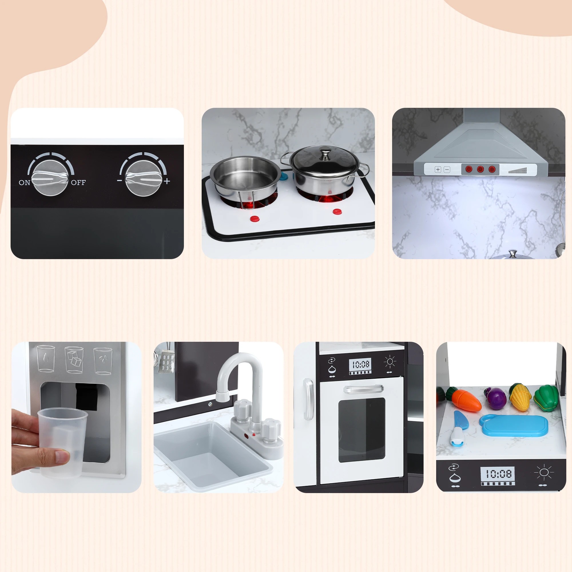 6 Keezi Kids Wooden Kitchen Playset 29pc Food Set Black White - Multi, 6 of 8