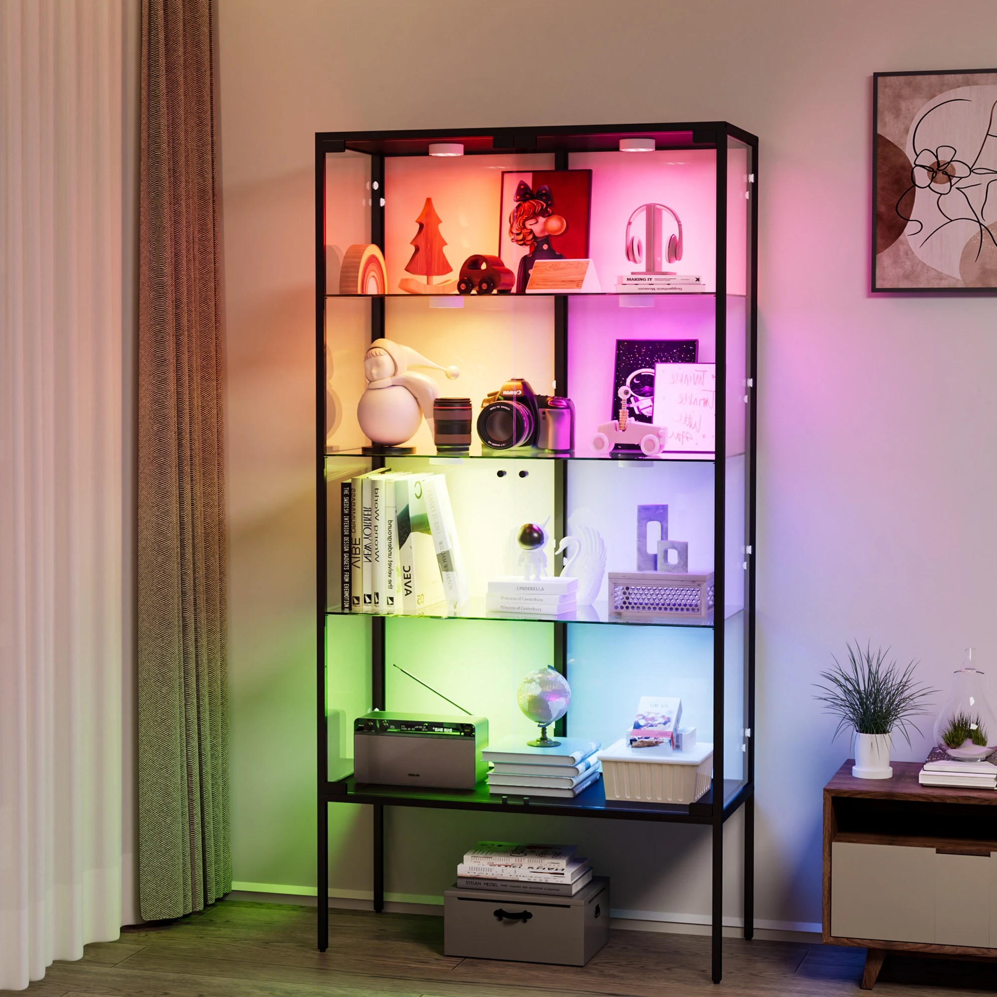 7 Stacked Tempered Glass LED Display Cabinet Steel Collections With RGB Light, 7 of 9