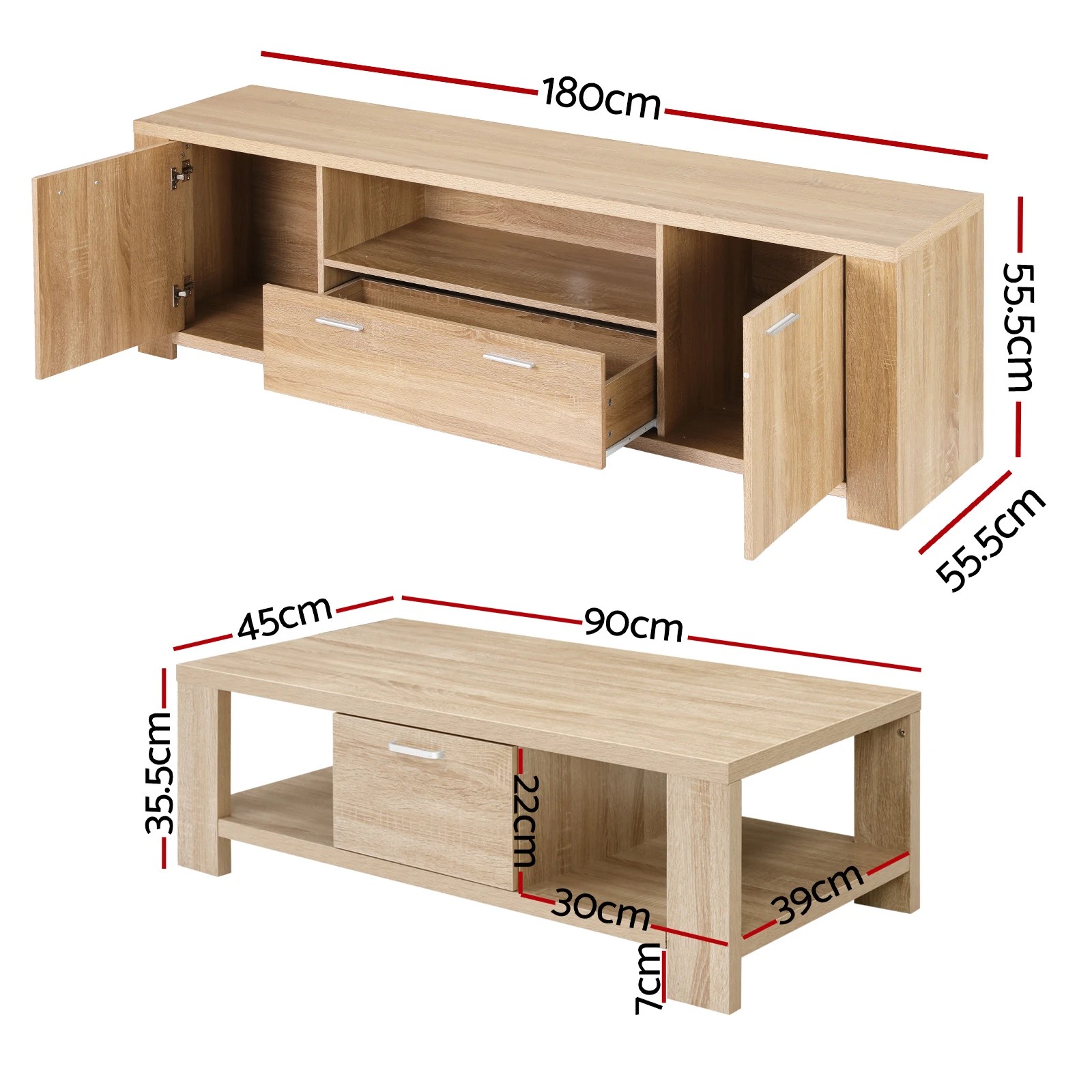 3 Artiss TV Unit & Coffee Table Set Storage Drawer - Natural, 3 of 8