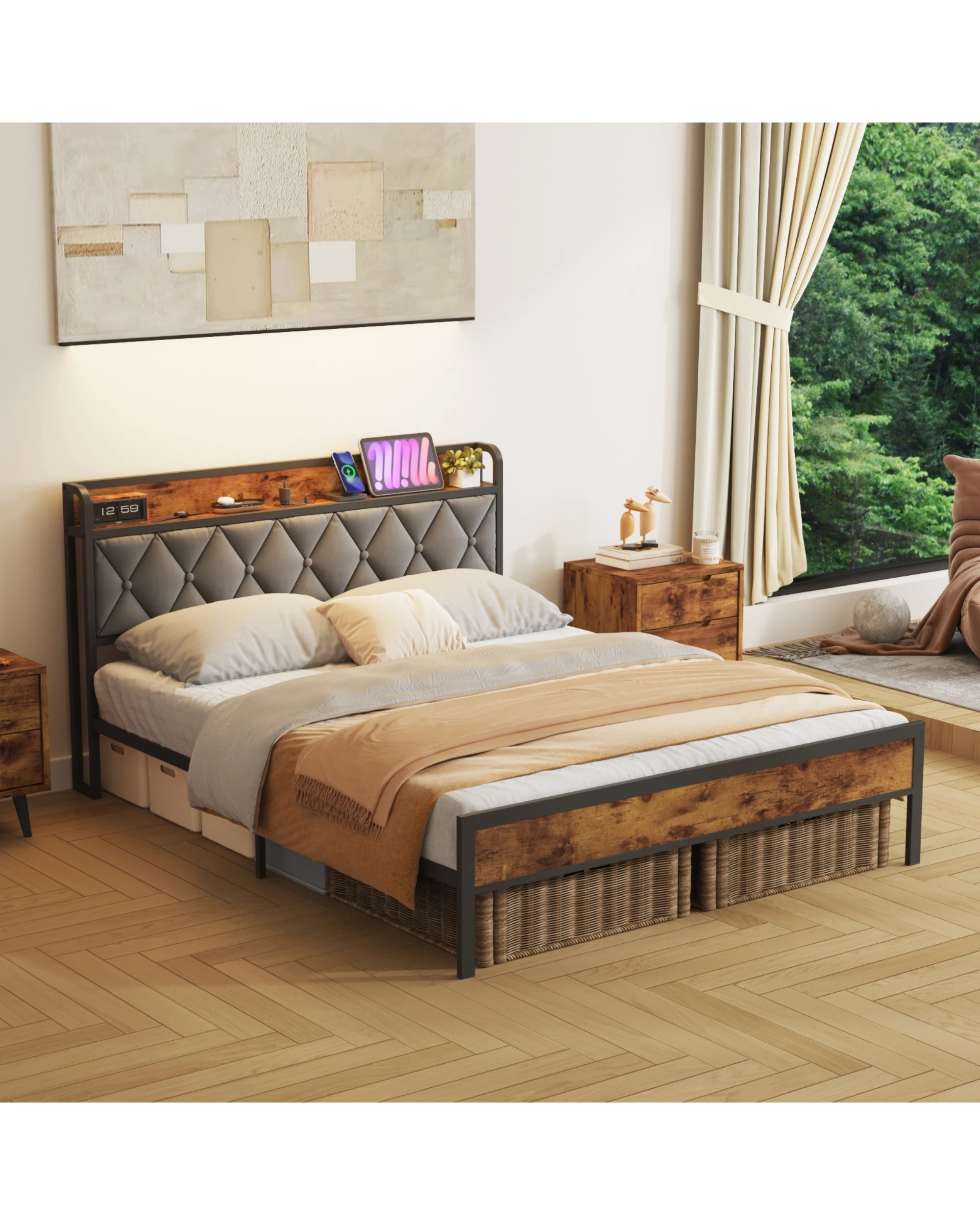 3 Advwin Double Bed Frame With Charging Station & Usb Ports Storage Tufted Headboard Shelf, 3 of 8