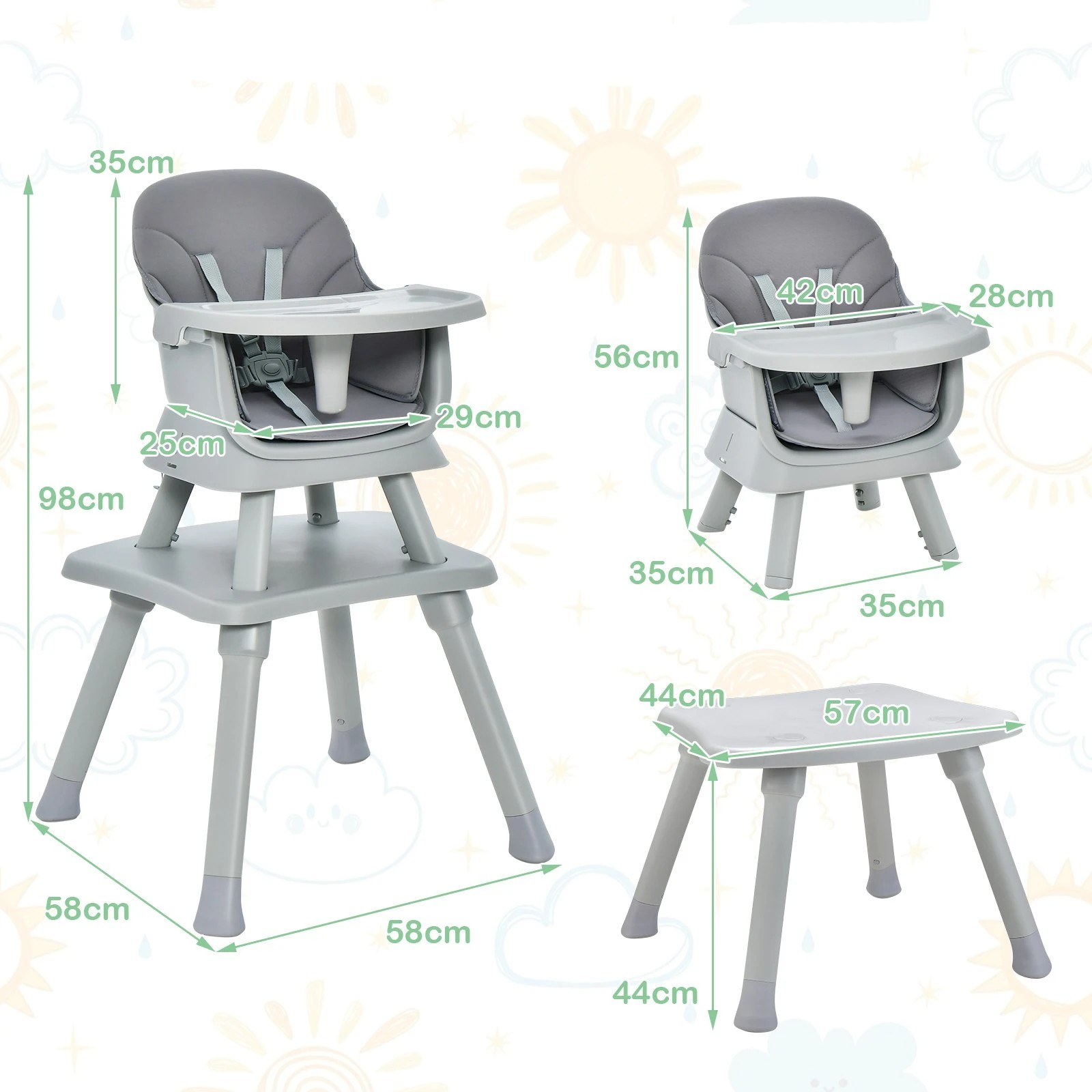 2 Costway 8 in 1 Baby High Chair w/Removable Tray Soft Cushion 5-point Harness Feeding Chair - Grey, 2 of 2