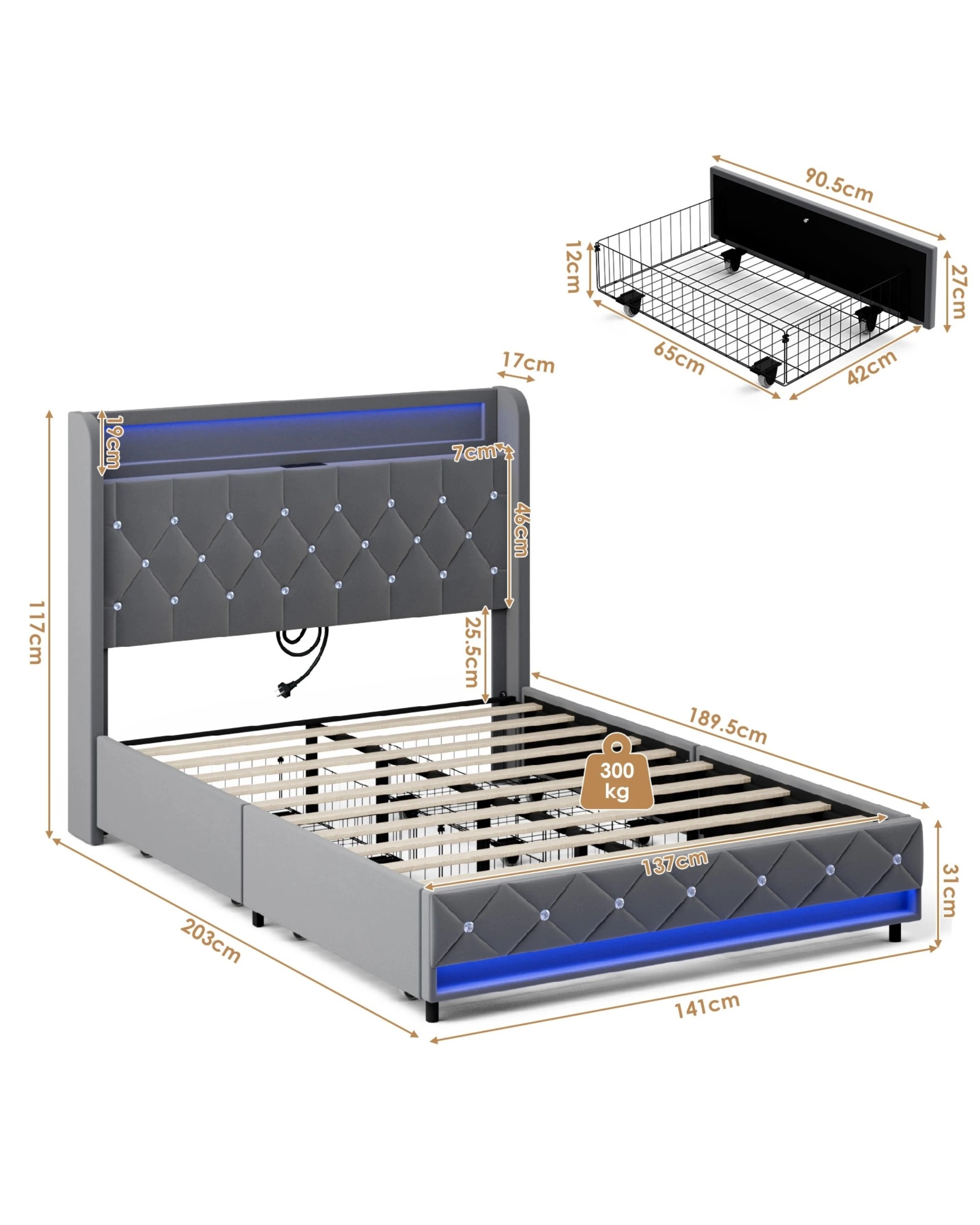 3 Advwin Double LED Bed Frame with Velvet Upholstered Headboard & Charging Station - Grey, 3 of 7