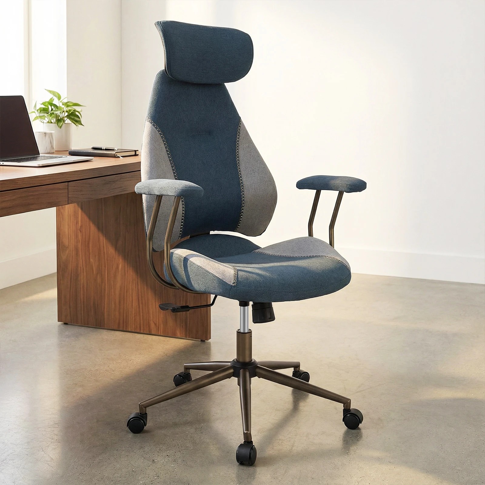 2 Costway Ergonomic Office Chair Flax Fabric Computer Desk Chair Armchair w/Headrest & Backrest - Grey, 2 of 3