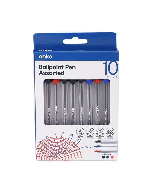 10 Pack Assorted Colours Ballpoint 