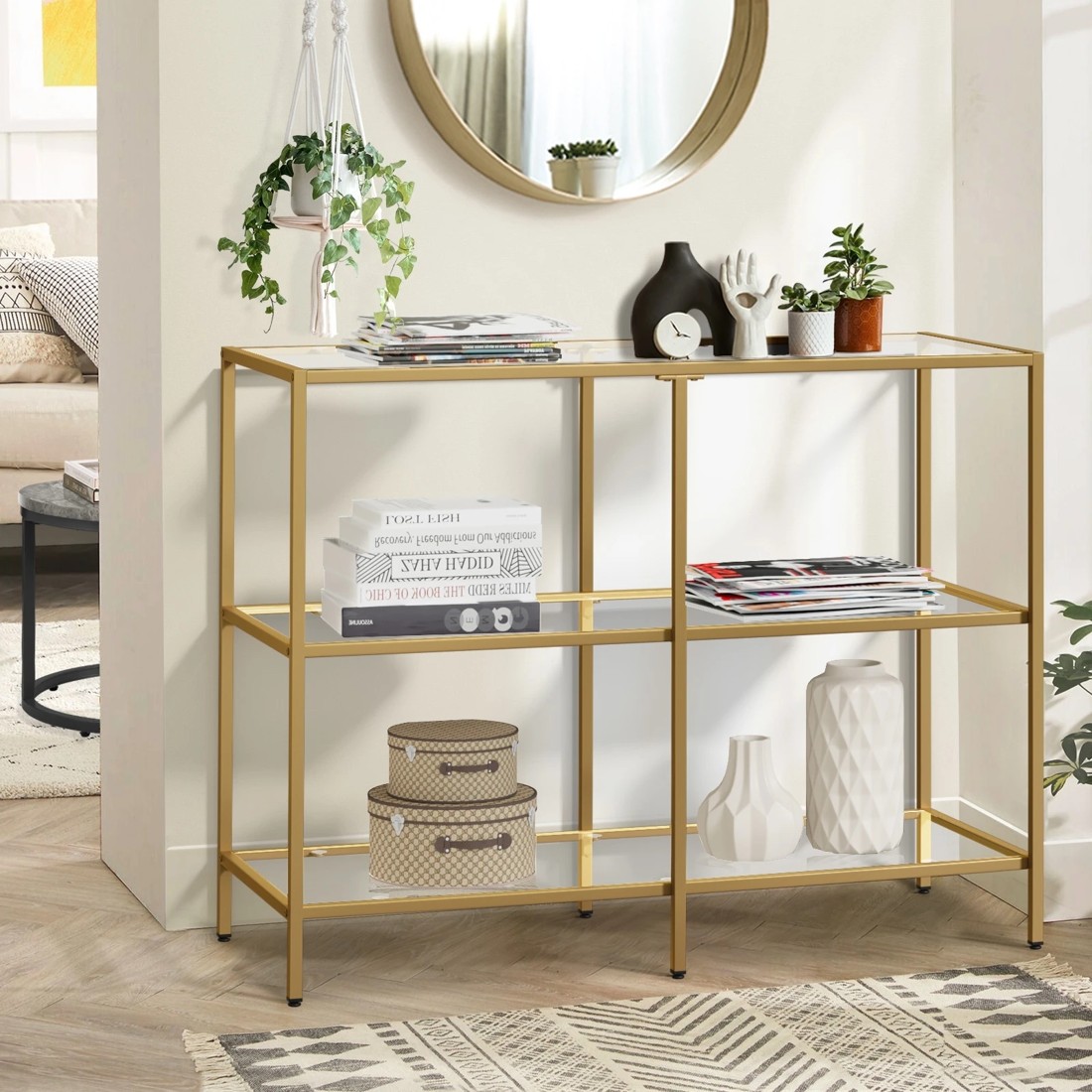 2 Oikiture Console Table Tempered Glass Sofa Table Hall Side Entry 3 Shelves
 - Gold, 2 of 10