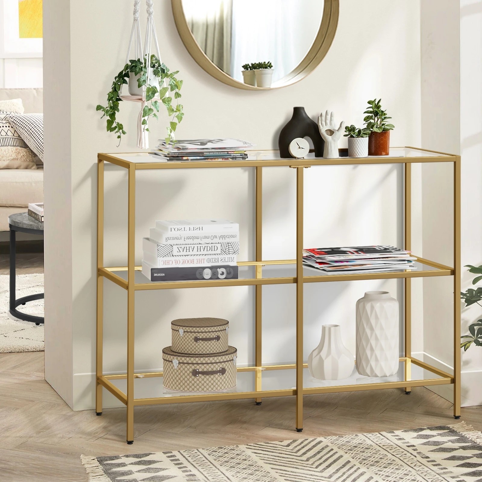 2 Oikiture Console Table Tempered Glass Sofa Table Hall Side Entry 3 Shelves
 - Gold, 2 of 10