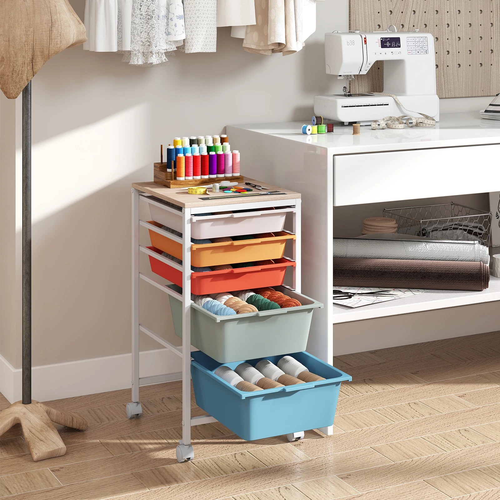 3 Costway 5-Drawer Rolling Storage Cart Mobile Utility Organizer w/Wooden Tabletop - Multi, 3 of 6