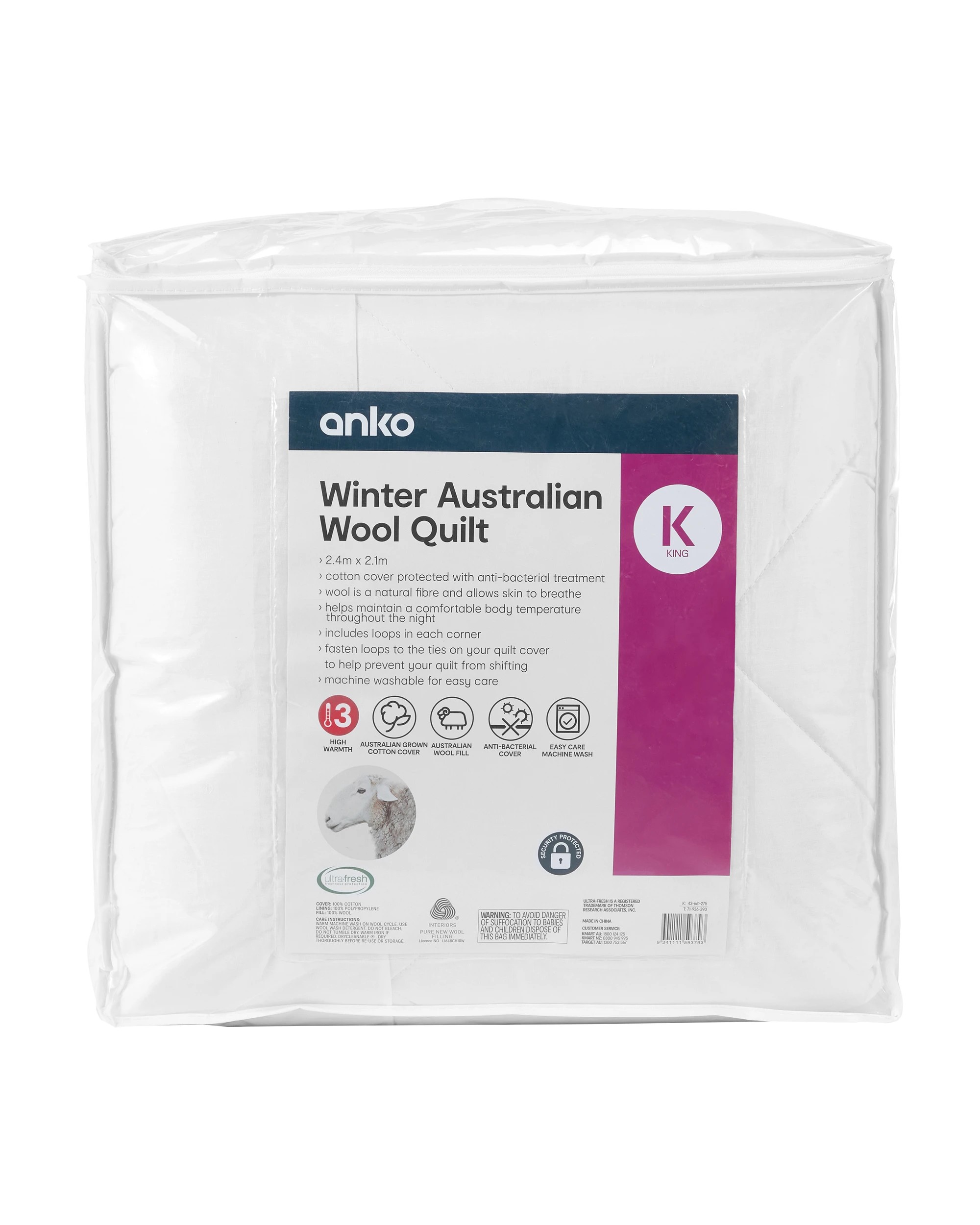 1 Winter Australian Wool Quilt - King Bed, White, 1 of 5