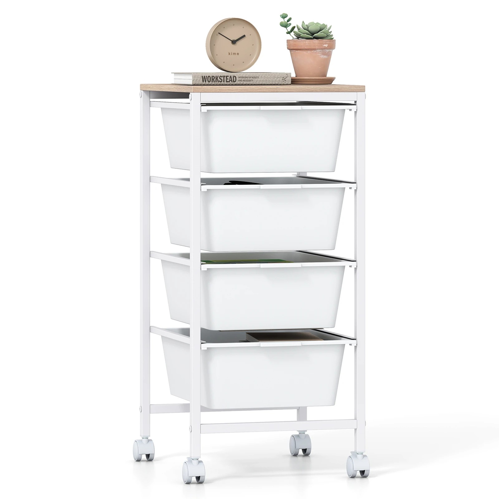 6 Costway 4-Drawer Rolling Storage Cart Mobile Utility Organizer w/Wooden Tabletop - White, 6 of 6