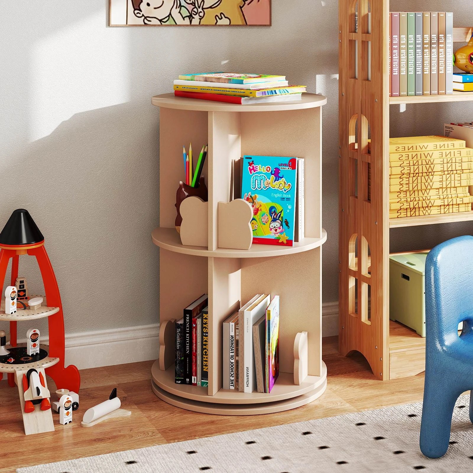 2 Costway 2-Tier Rotating Bookshelf Bear Book Rack, 2 of 4