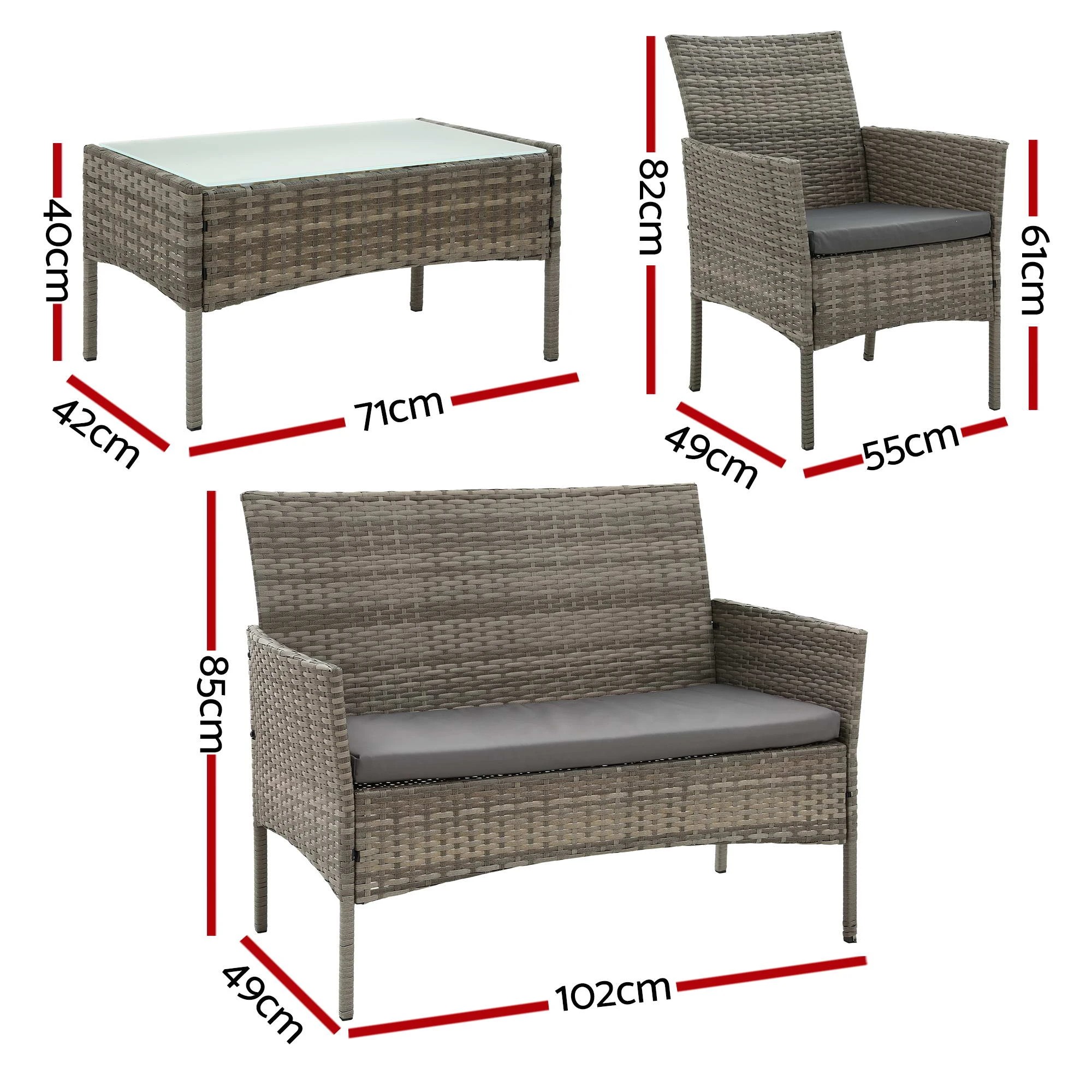 2 Gardeon 4-Piece Outdoor Sofa Set with Two Pillows Rattan Furniture Coffee Table and Chair Set - Grey, 2 of 8