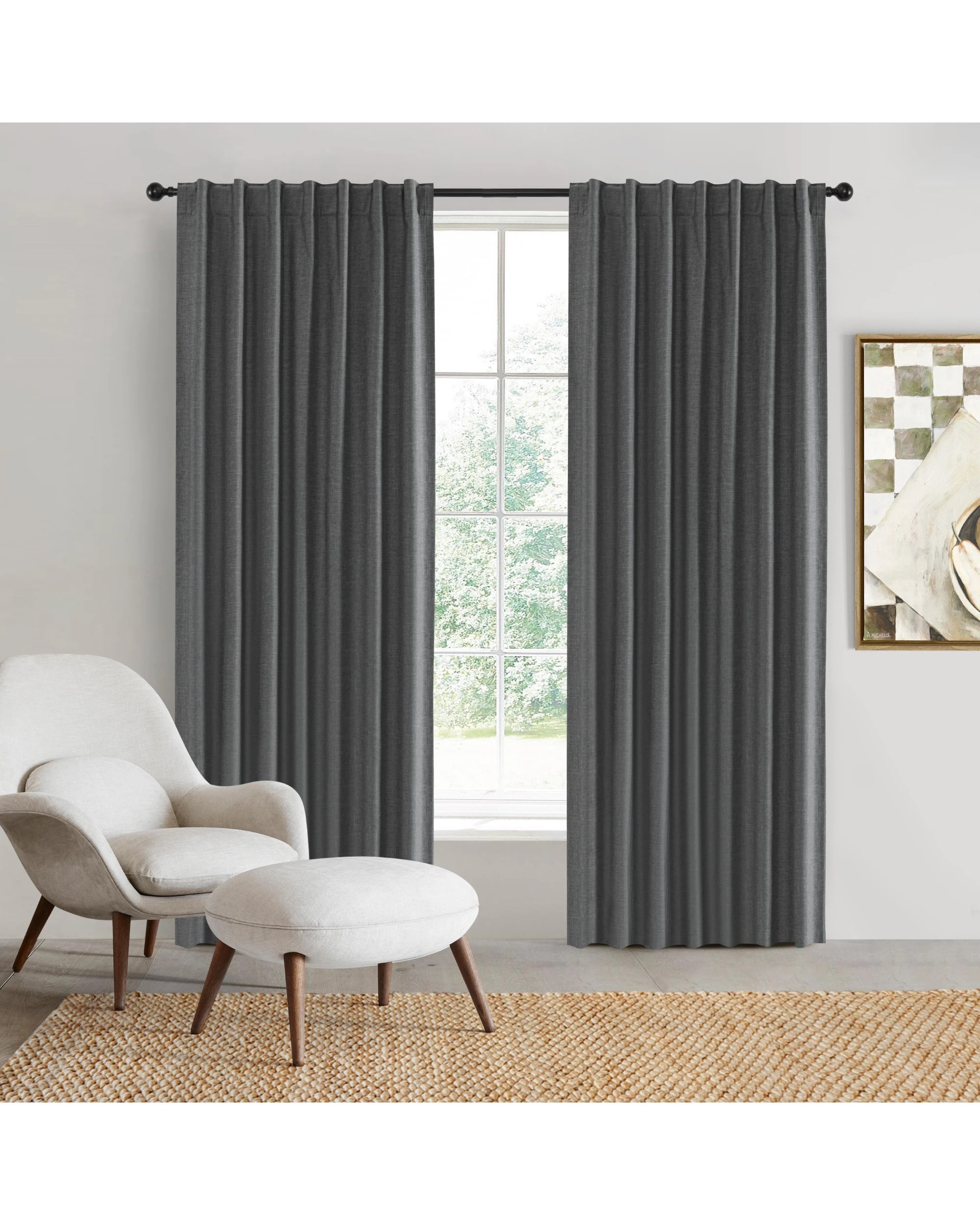 1 Sherwood Faux Linen 100% Blockout Concealed Tab Top Curtain Pair 135x223cm - Pepper, 1 of 6