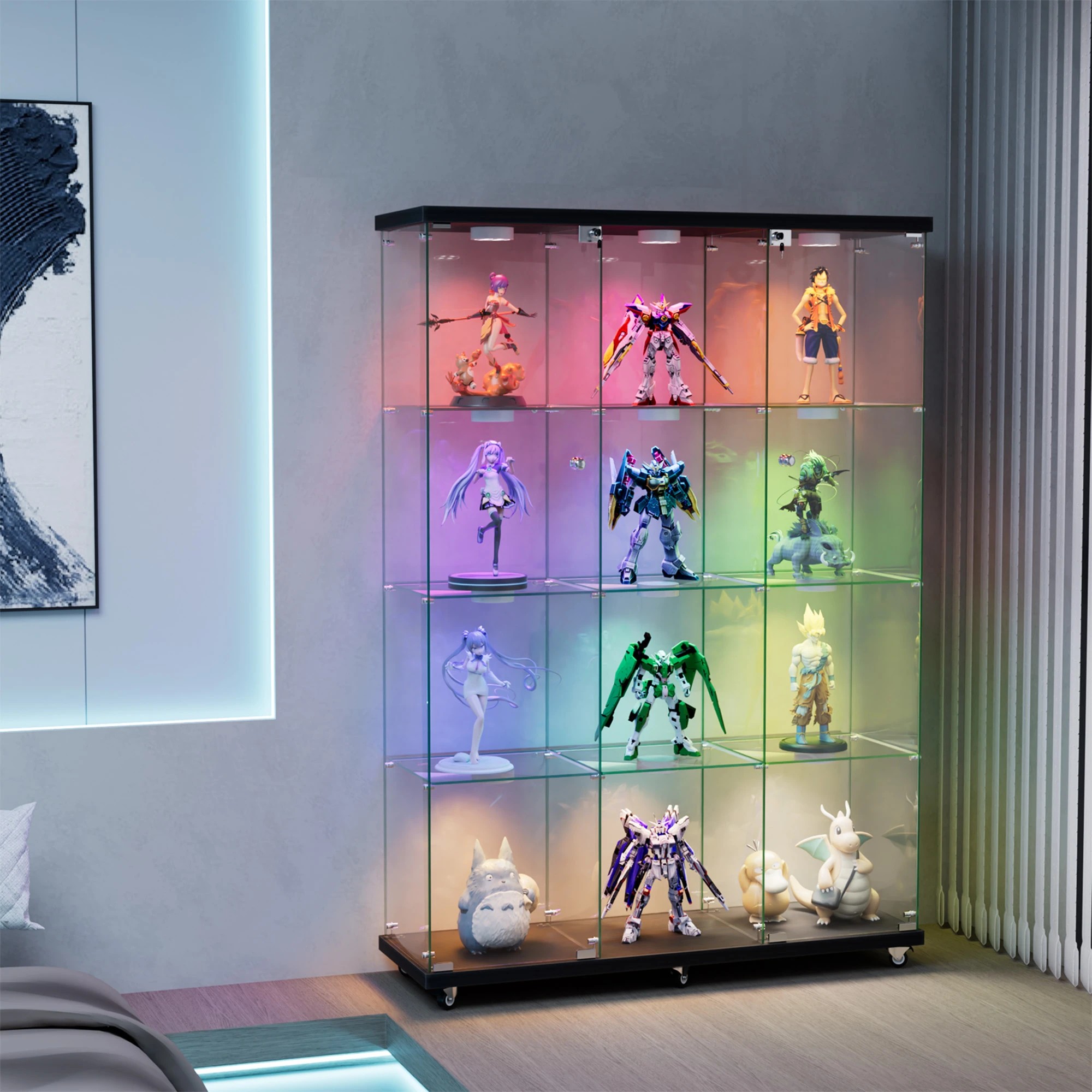 7 Stacked Wheeled Glass Display Cabinet Lockable Key Storage 169cm With RGB Light, 7 of 9