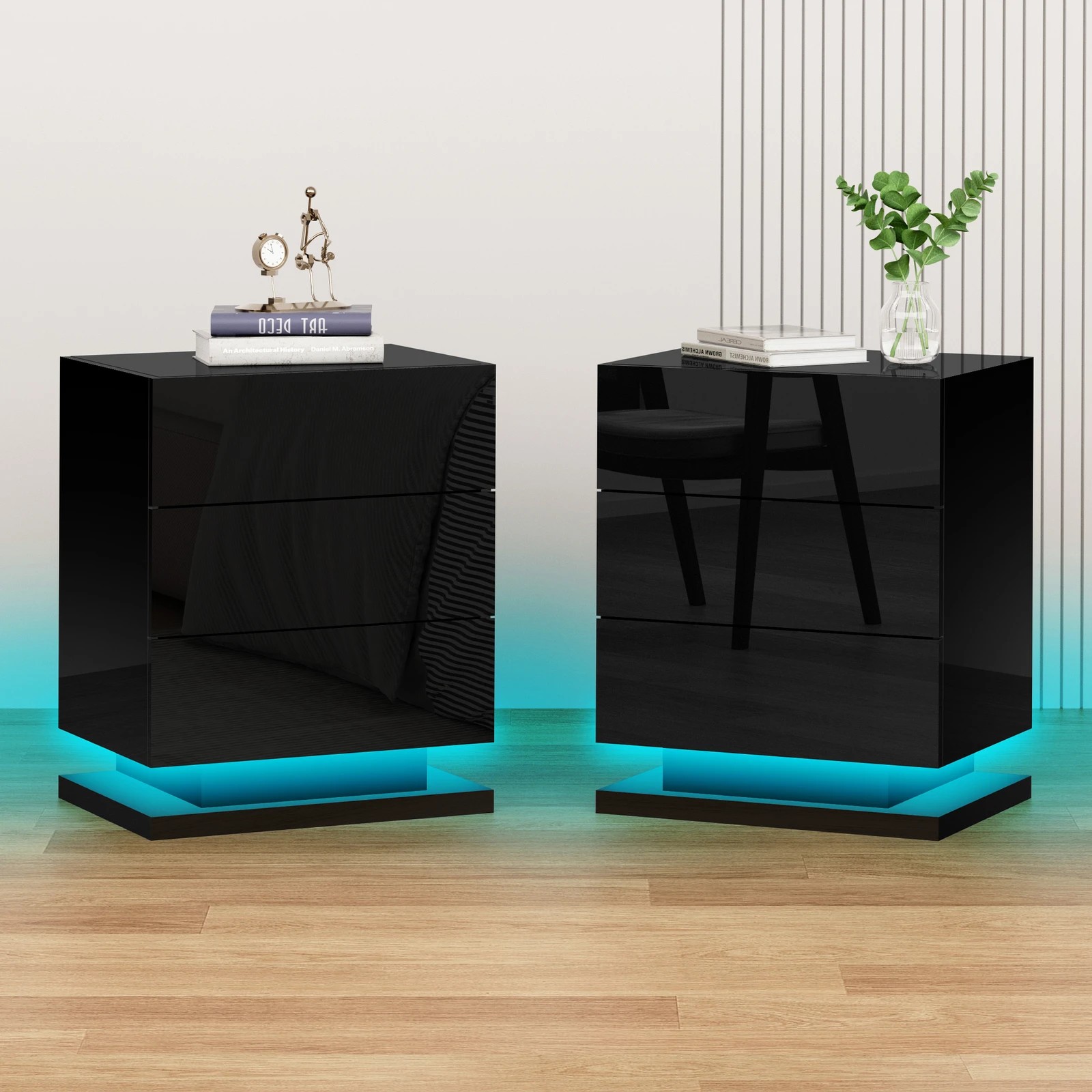 2 Alfordson 2x Bedside Table LED Nightstand 3 Drawers High Gloss - Black, 2 of 10