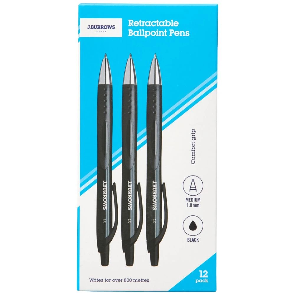 1 J.Burrows Retractable Ballpoint Pens Black 12 Pack, 1 of 5