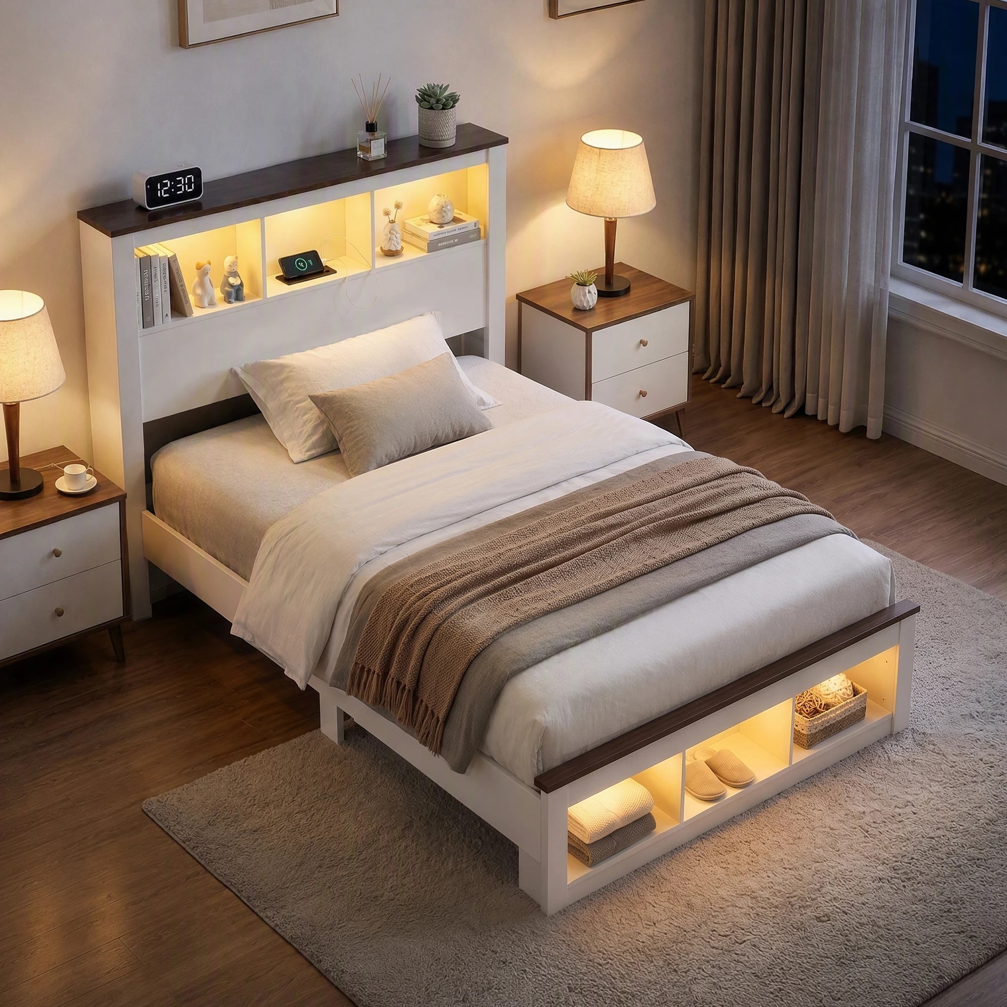 5 Artiss Bed Frame with Storage Bookcase Headboard and Footboard, - Single Bed - White, 5 of 9