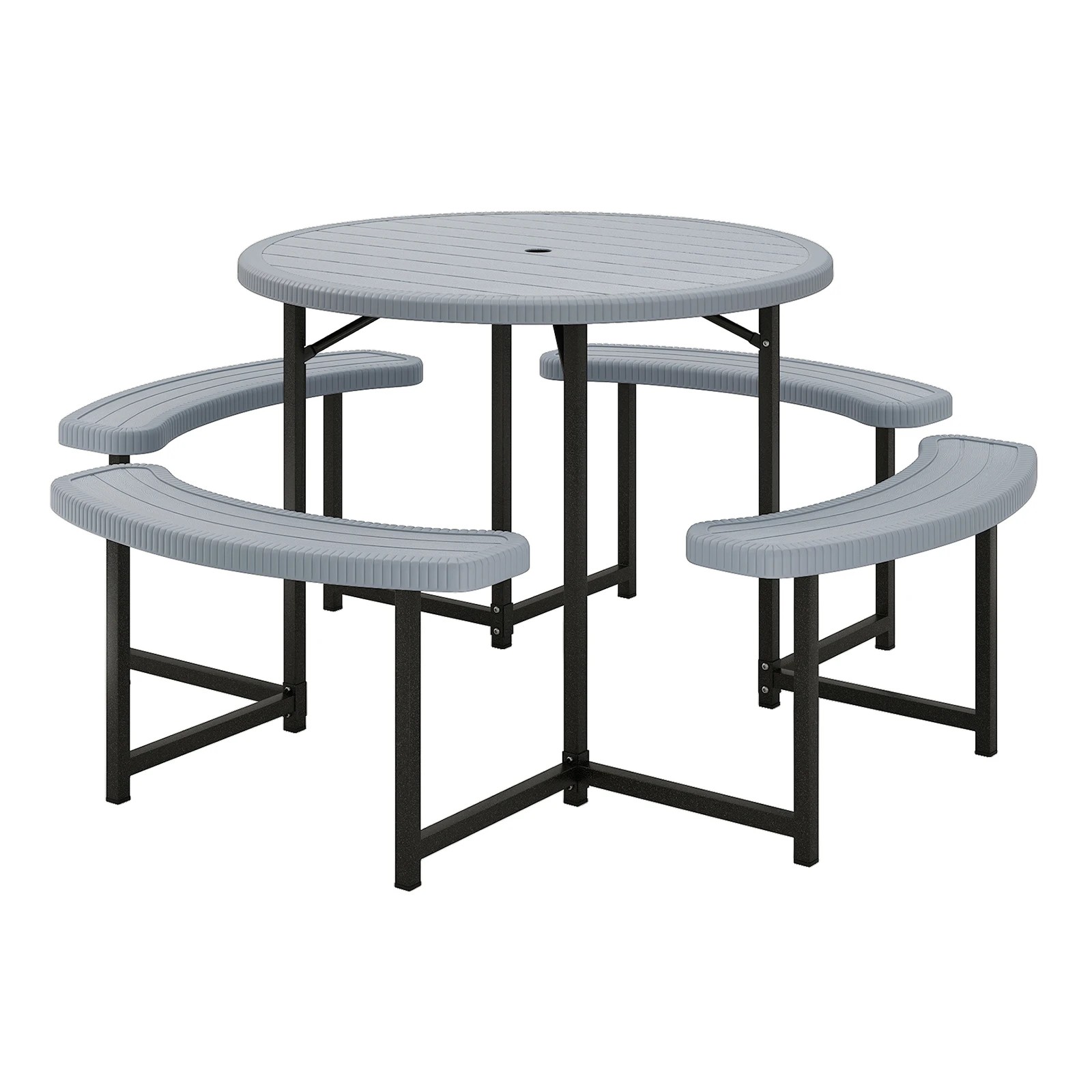 1 Costway 95cm Round Picnic Table Bench Set w/Umbrella Hole Patio Outdoor Dining Table & Chairs - Grey, 1 of 3
