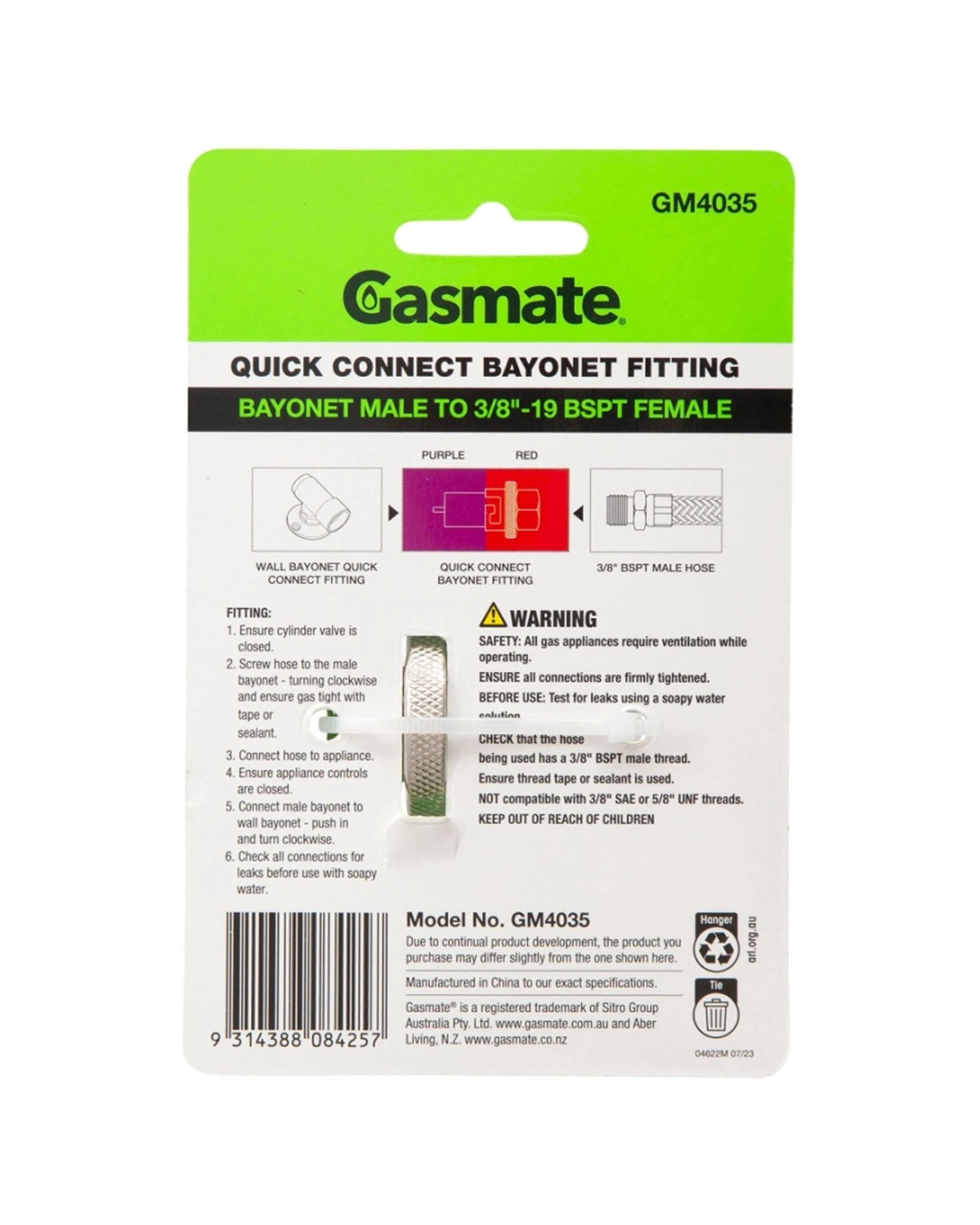 3 Gasmate Quick Connect Bayonet Fitting To 3/8 BSPT Brass - Metallic, 3 of 3