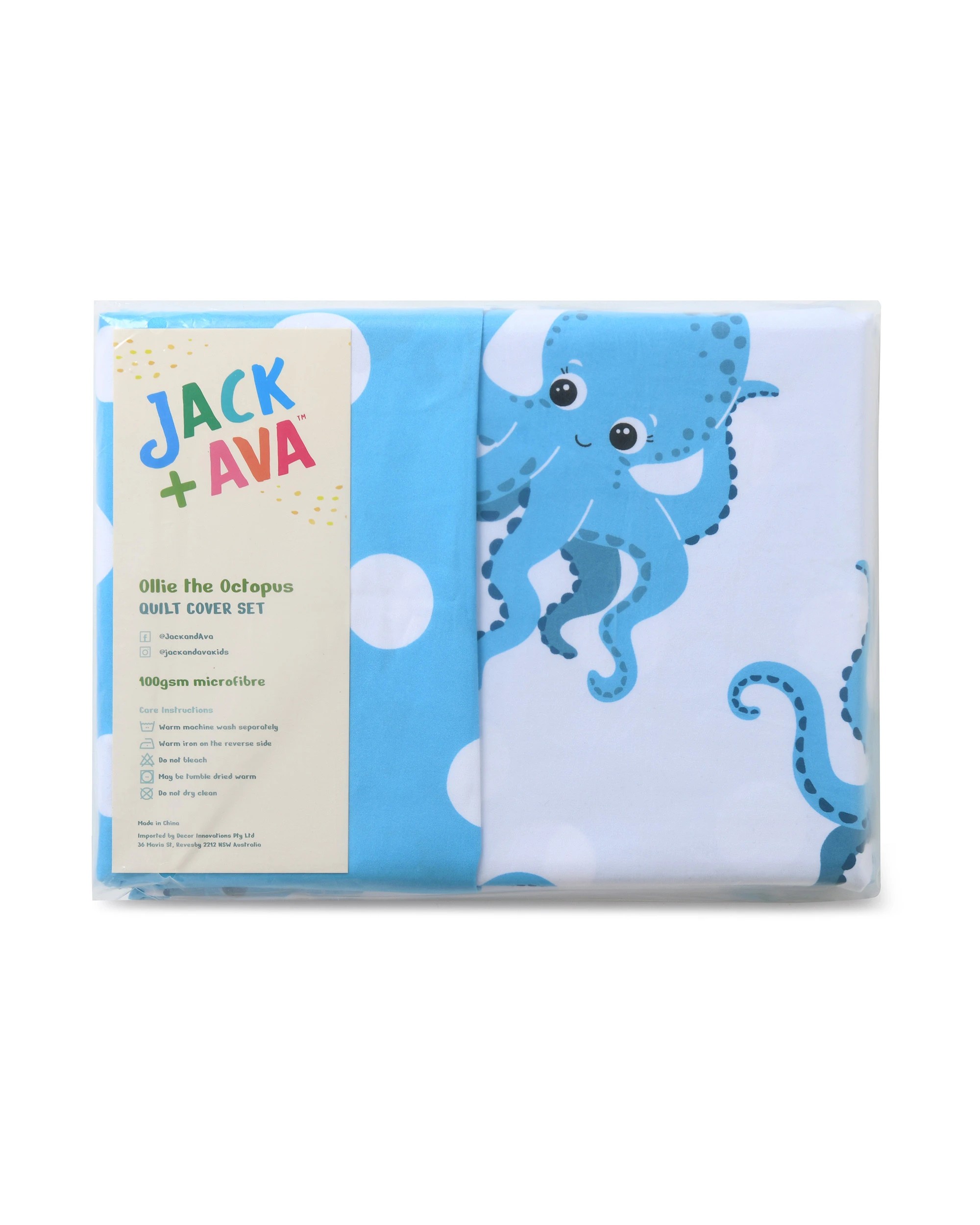 10 Jack & Ava Ollie the Octopus Kids Reversible Quilt Cover Set - King Single Bed - Blue, 10 of 10
