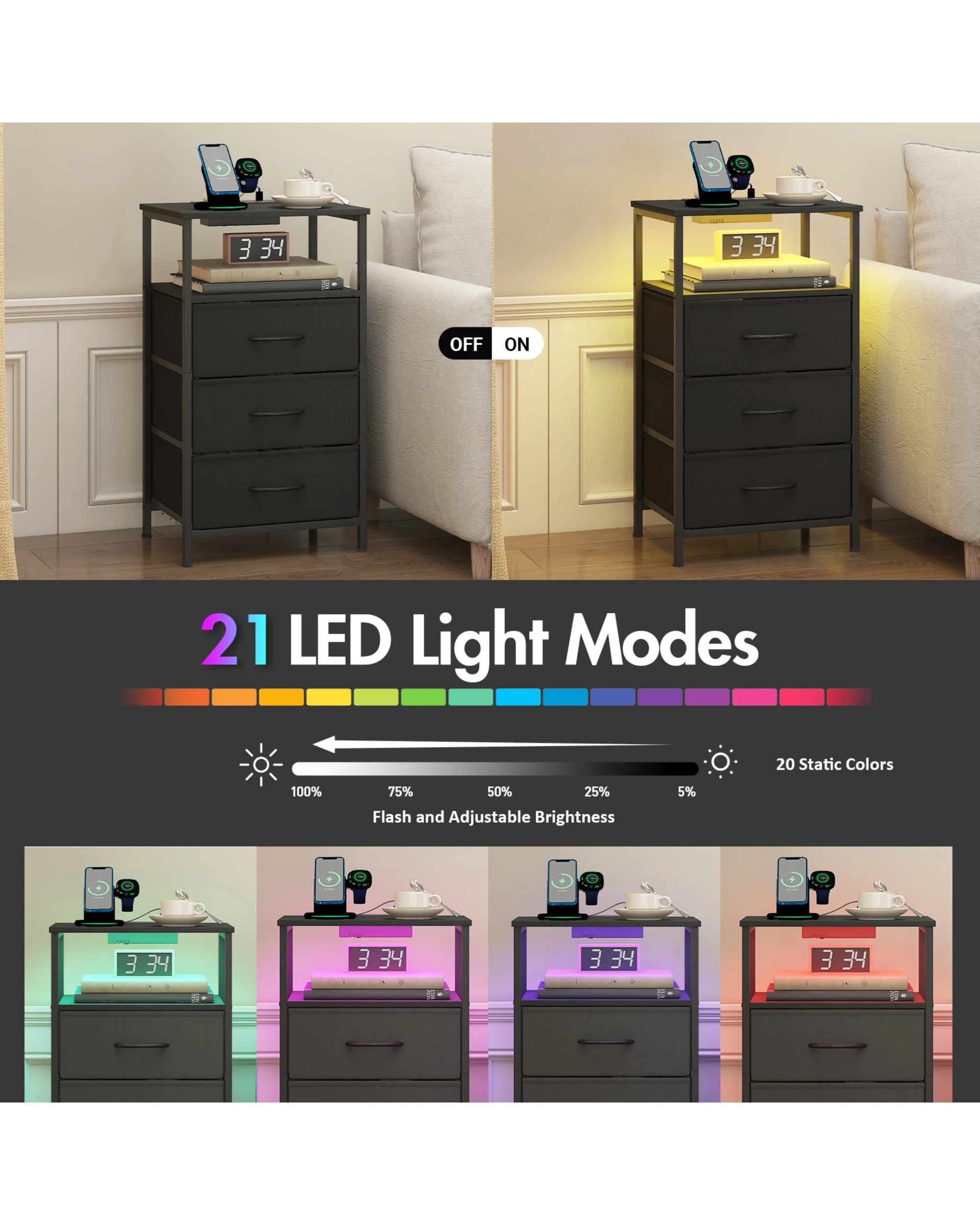 5 Advwin Led Bedside Table Set Of 2 With Charging Station 3 Fabric Drawers Nightstand
 - Black, 5 of 6