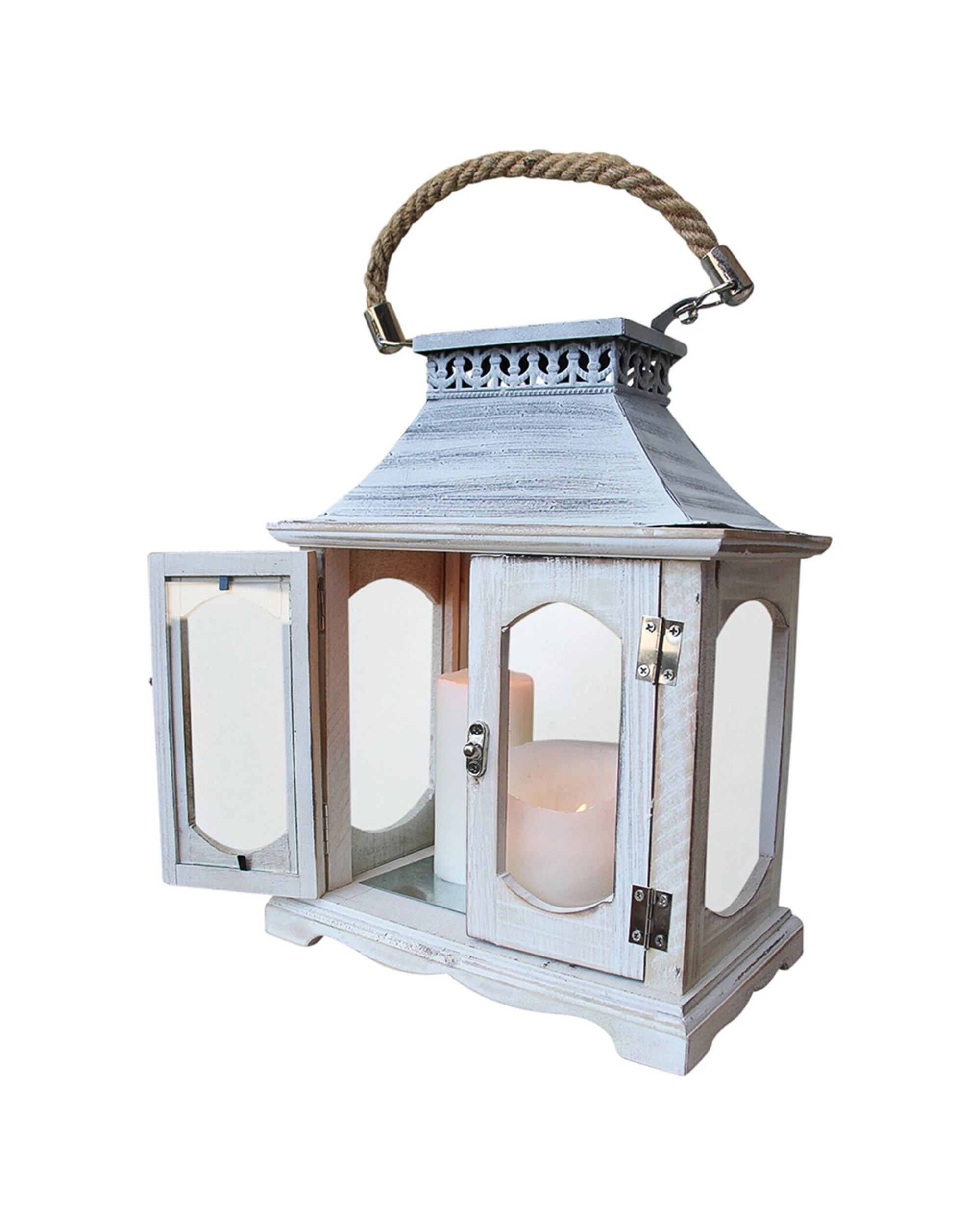 2 2pc LVD Lantern Glass/Wood/Metal Candle Holder Whitewash - Blue, 2 of 2