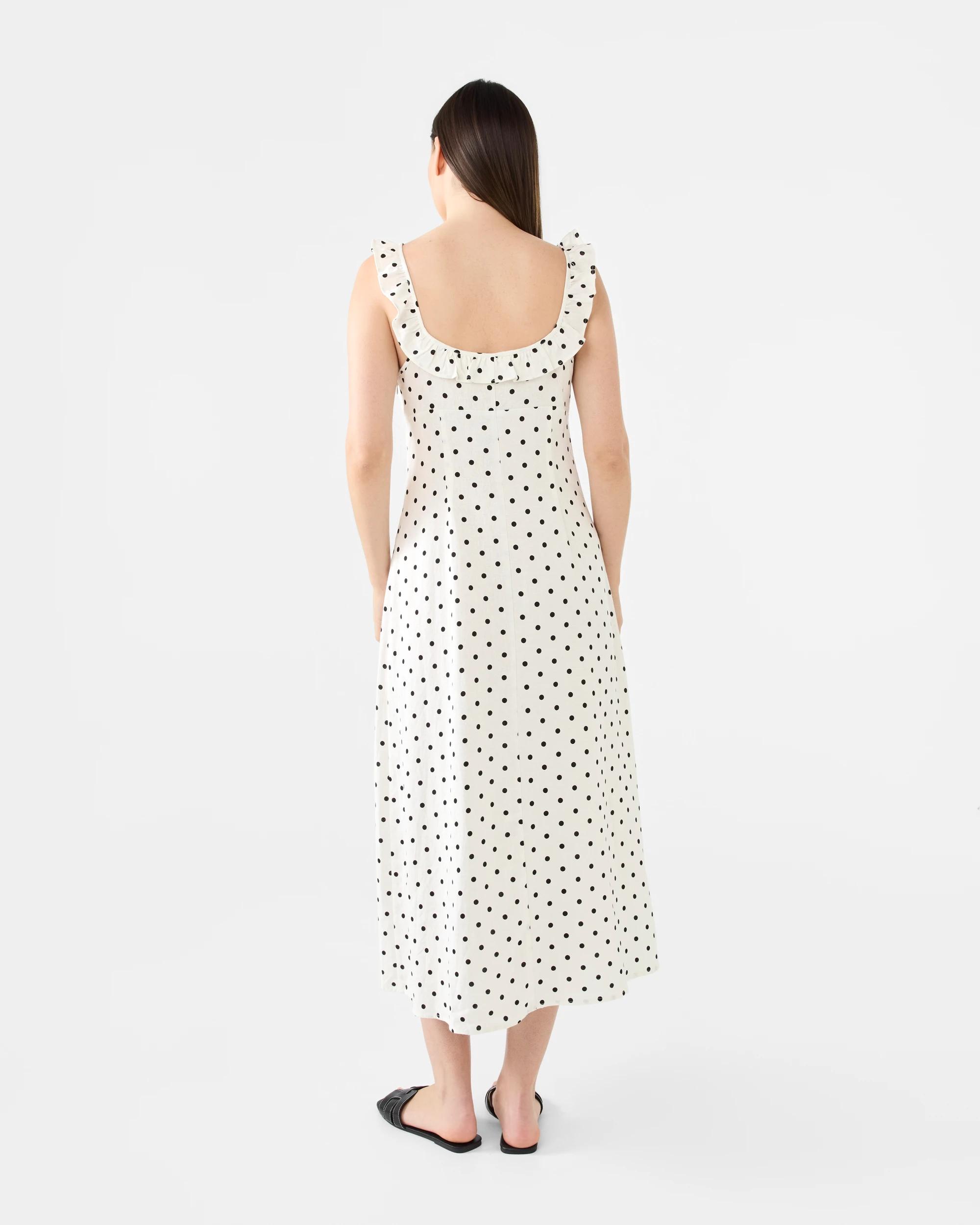 3 Sleeveless Linen Blend Frill Detail Midi Dress White Spot, 3 of 7