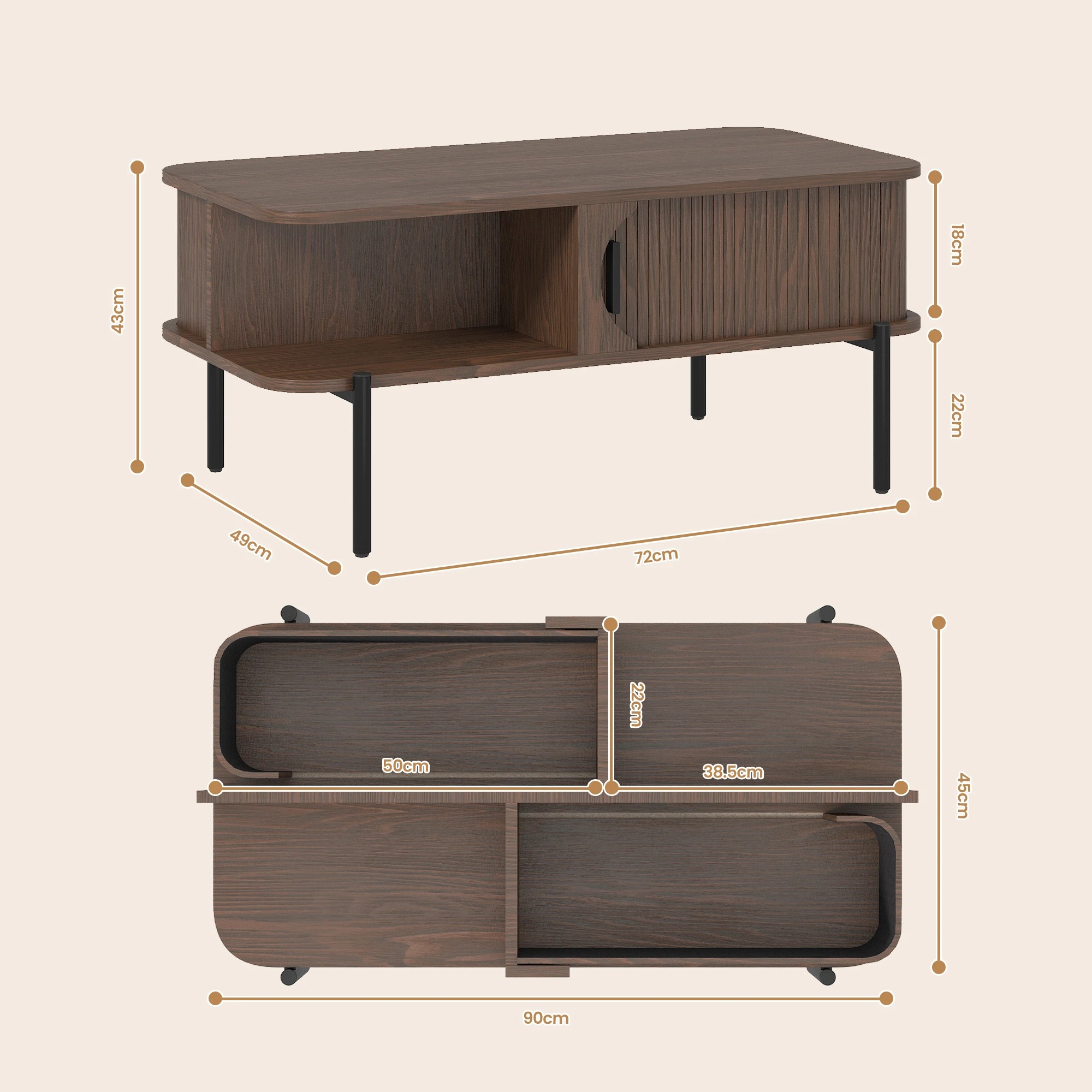 2 Advwin Coffee Table Fluted Center Table with Sliding Door - Brown, 2 of 6
